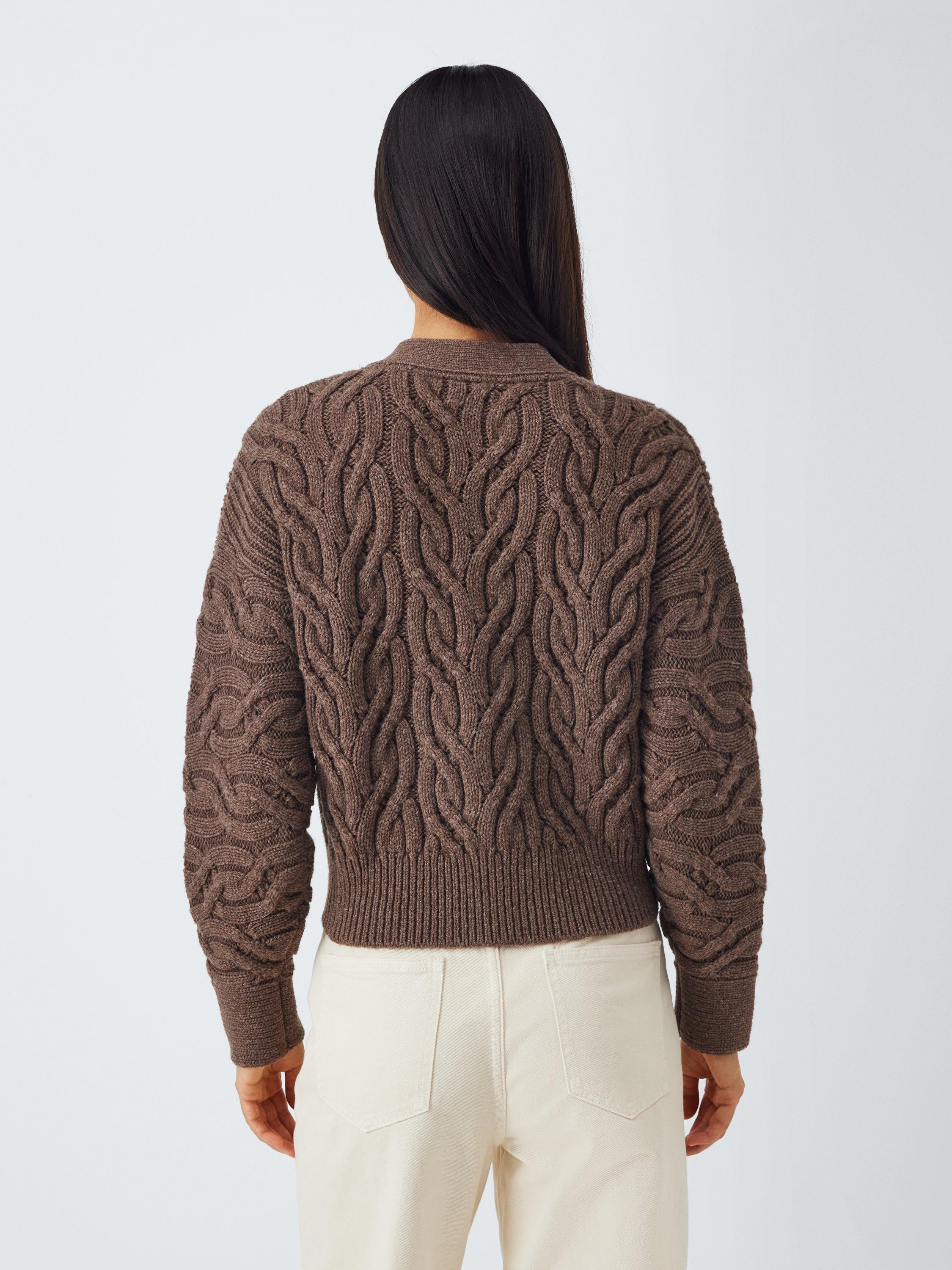 Product image 2 of 6, which shows John Lewis Wool Blend Cable Knit V-Neck Cardigan, Brown, XS