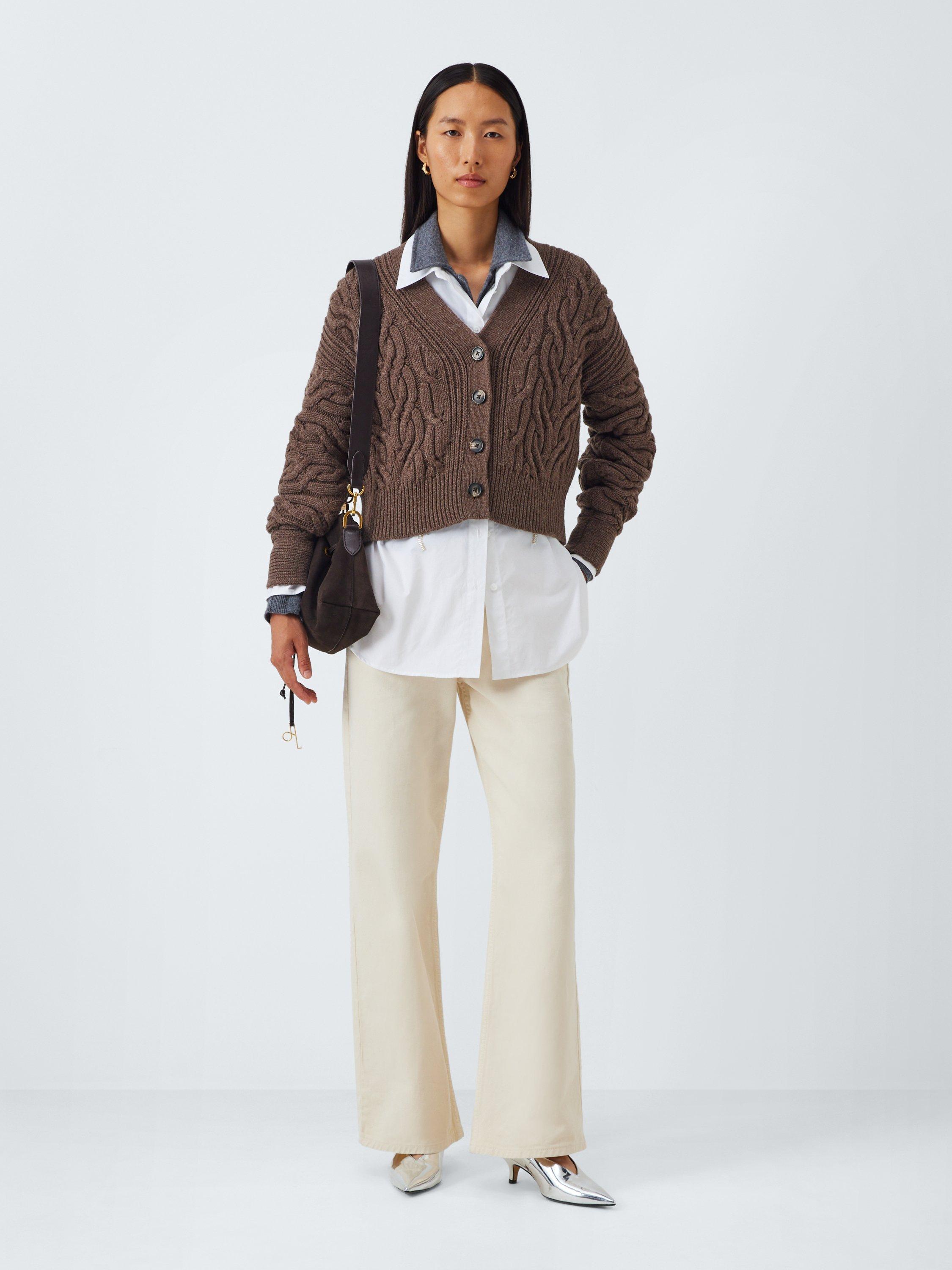 Product image 3 of 6, which shows John Lewis Wool Blend Cable Knit V-Neck Cardigan, Brown, XS