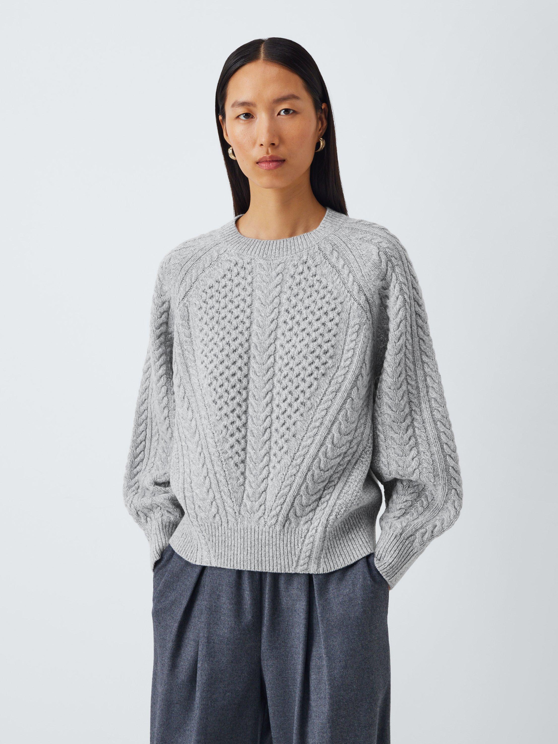 Product image 1 of 6, which shows John Lewis Wool Blend Cable Knit Jumper, Grey Marl, 20