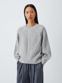 John Lewis Wool Blend Cable Knit Jumper, Grey Marl