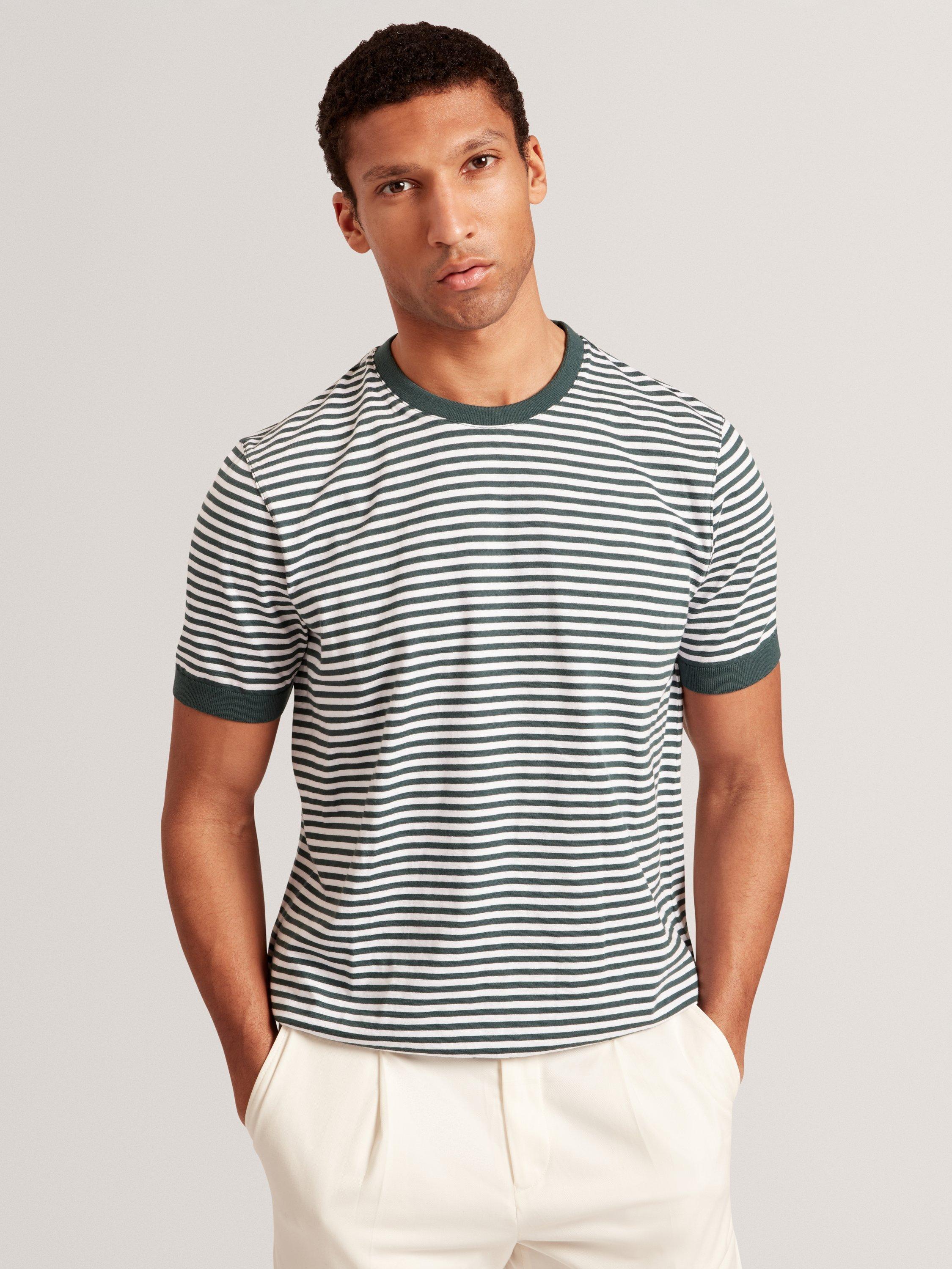 Product image 1 of 8, which shows Ted Baker Ourme Cotton Regular Fit Stripe T-Shirt, Dark Green, S