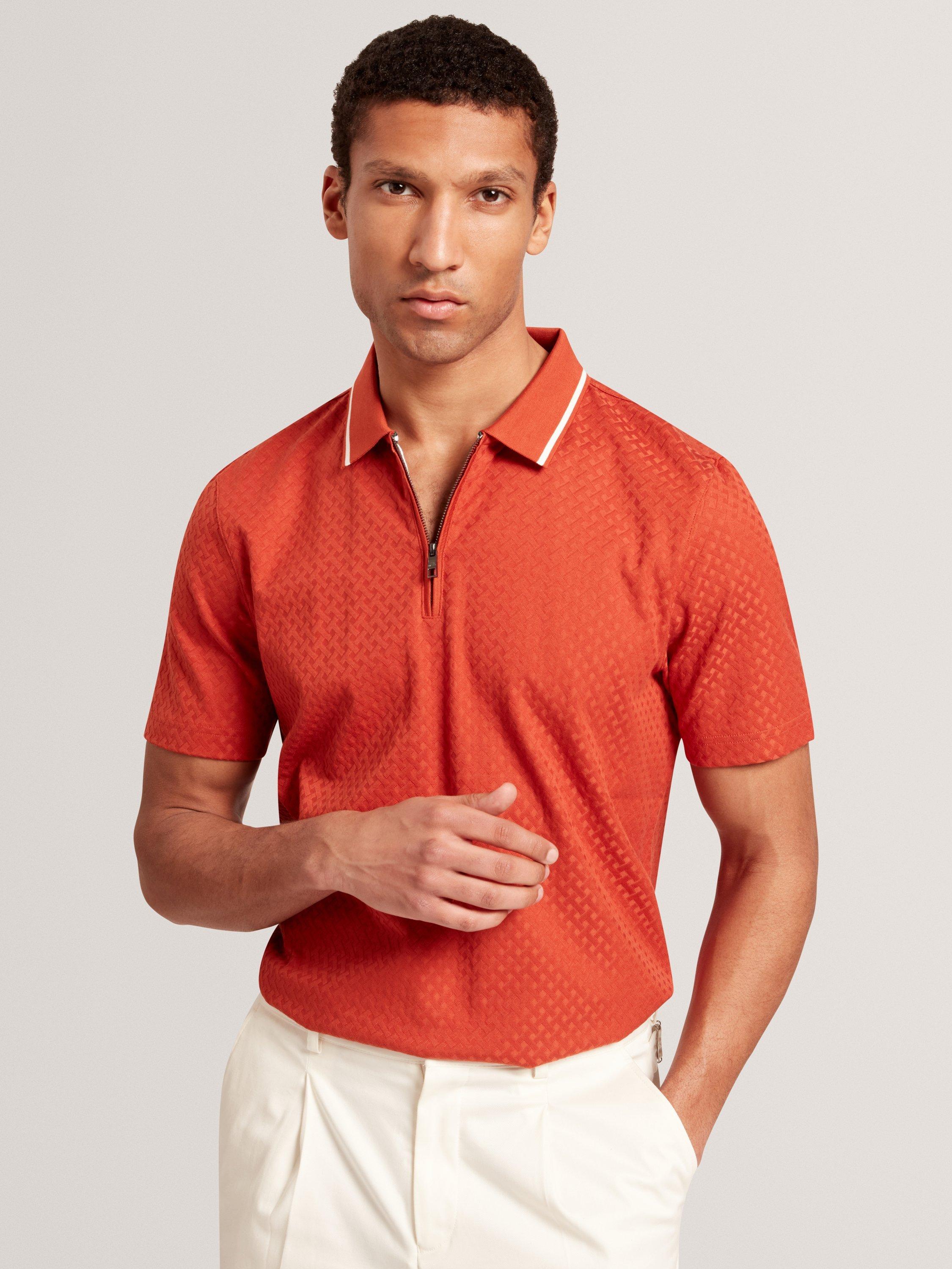Product image 1 of 8, which shows Ted Baker Cophen Zip Neck Textured Polo Shirt, Dark Orange, S
