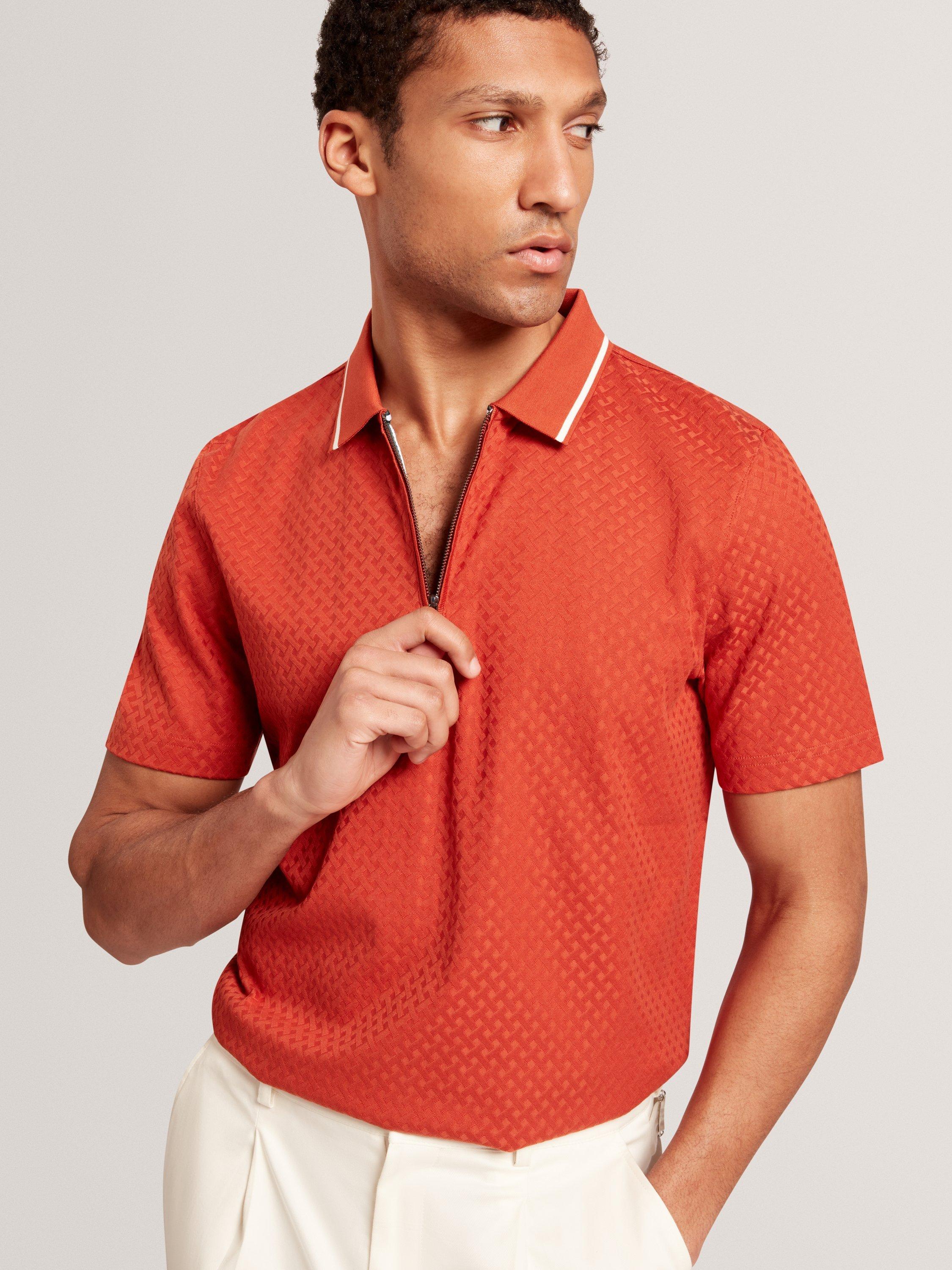 Product image 2 of 8, which shows Ted Baker Cophen Zip Neck Textured Polo Shirt, Dark Orange, S