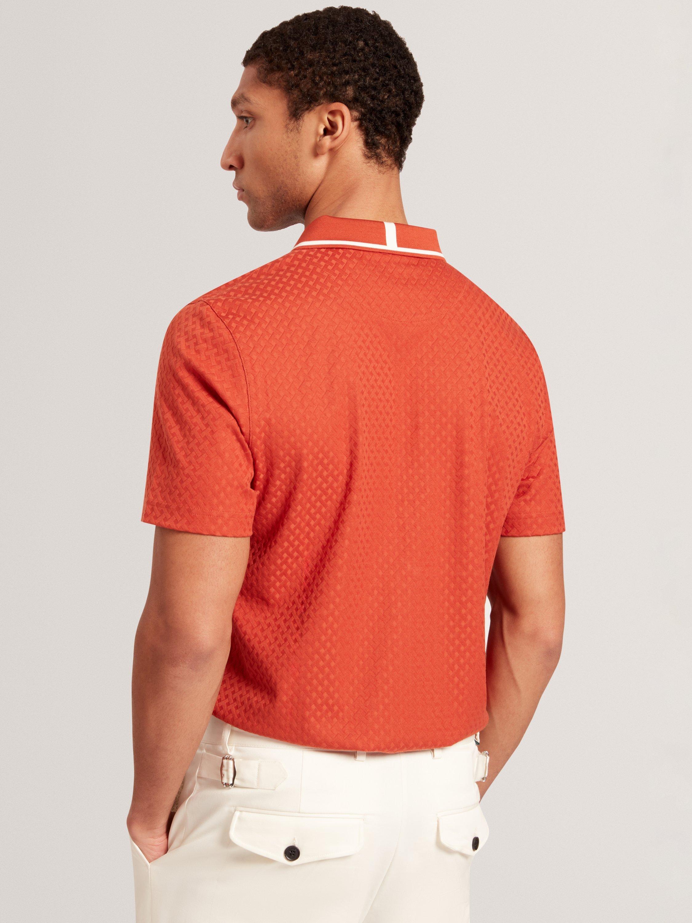 Product image 3 of 8, which shows Ted Baker Cophen Zip Neck Textured Polo Shirt, Dark Orange, S