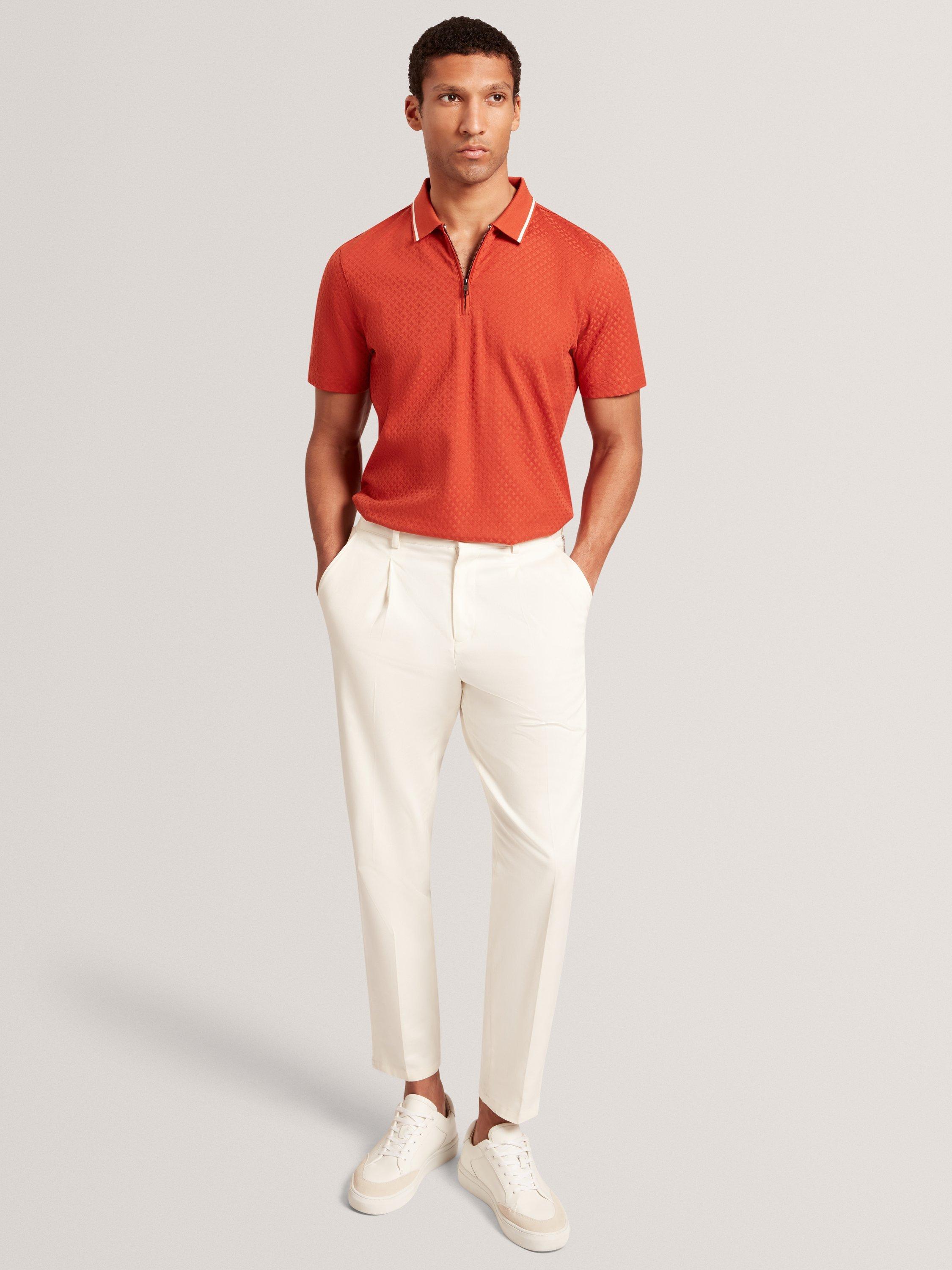 Product image 5 of 8, which shows Ted Baker Cophen Zip Neck Textured Polo Shirt, Dark Orange, S