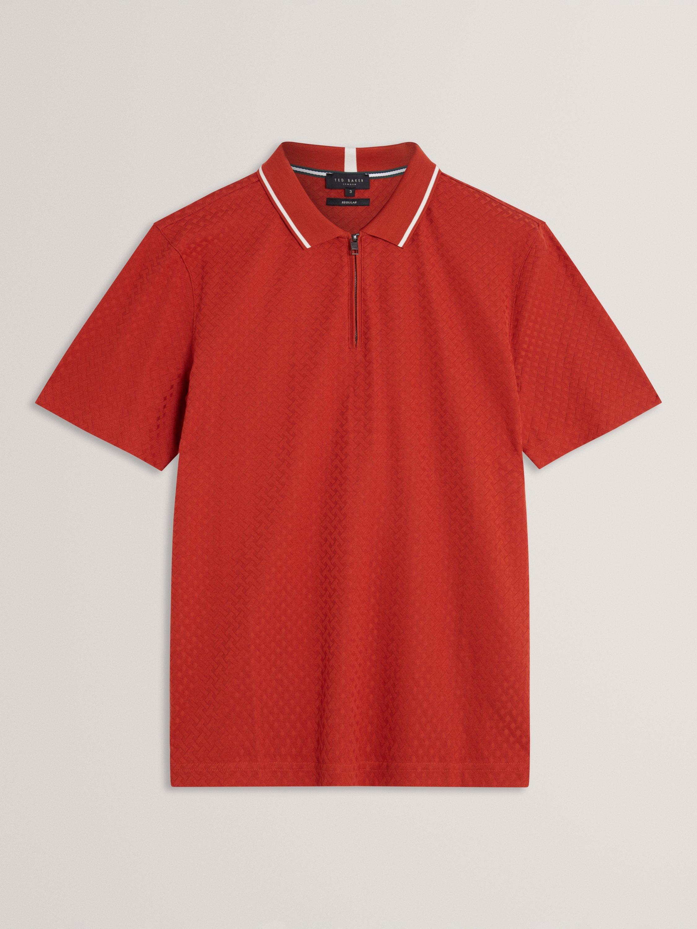 Product image 7 of 8, which shows Ted Baker Cophen Zip Neck Textured Polo Shirt, Dark Orange, S