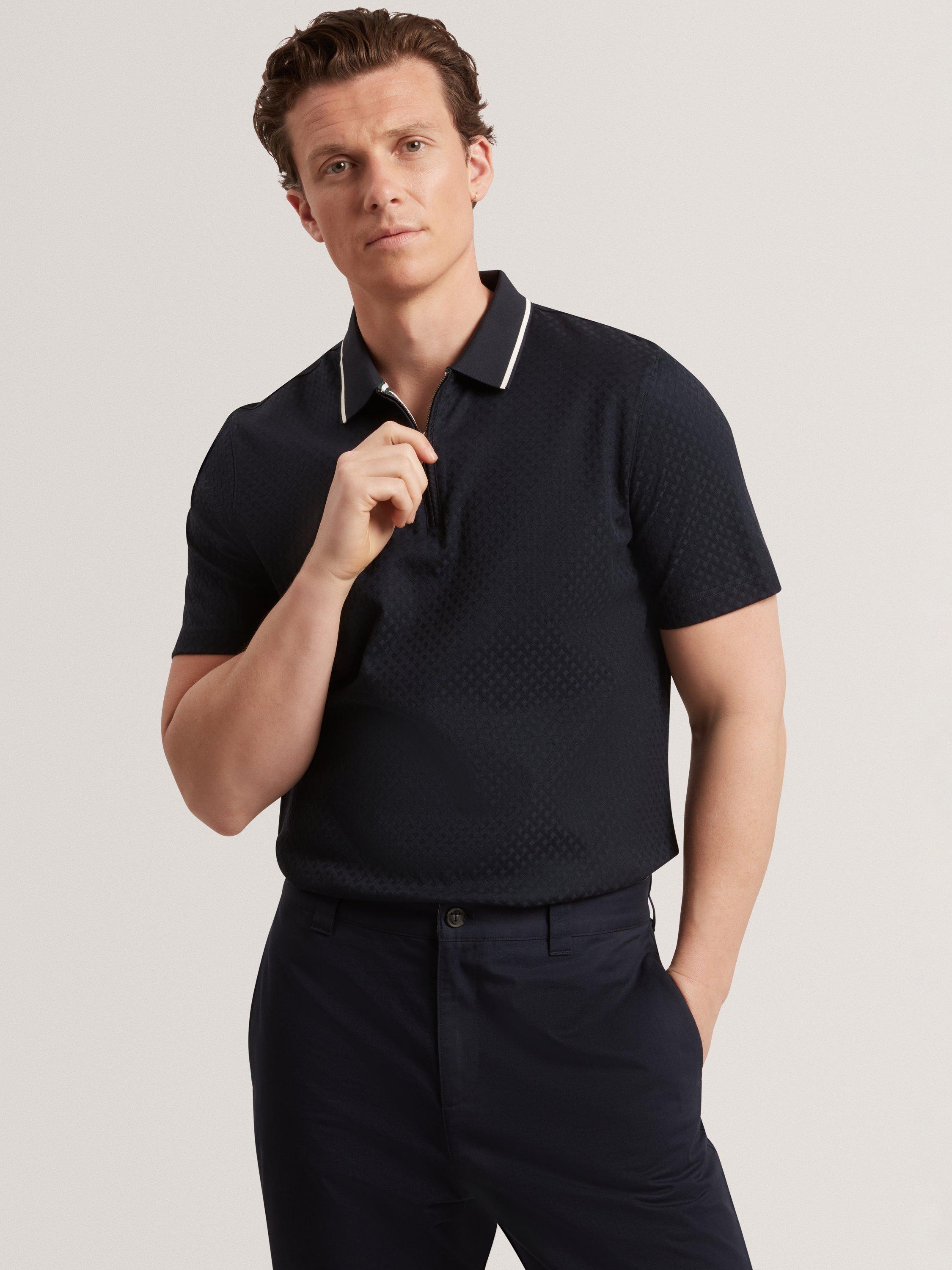 Product image 2 of 8, which shows Ted Baker Cophen Zip Neck Textured Polo Shirt, Navy, M