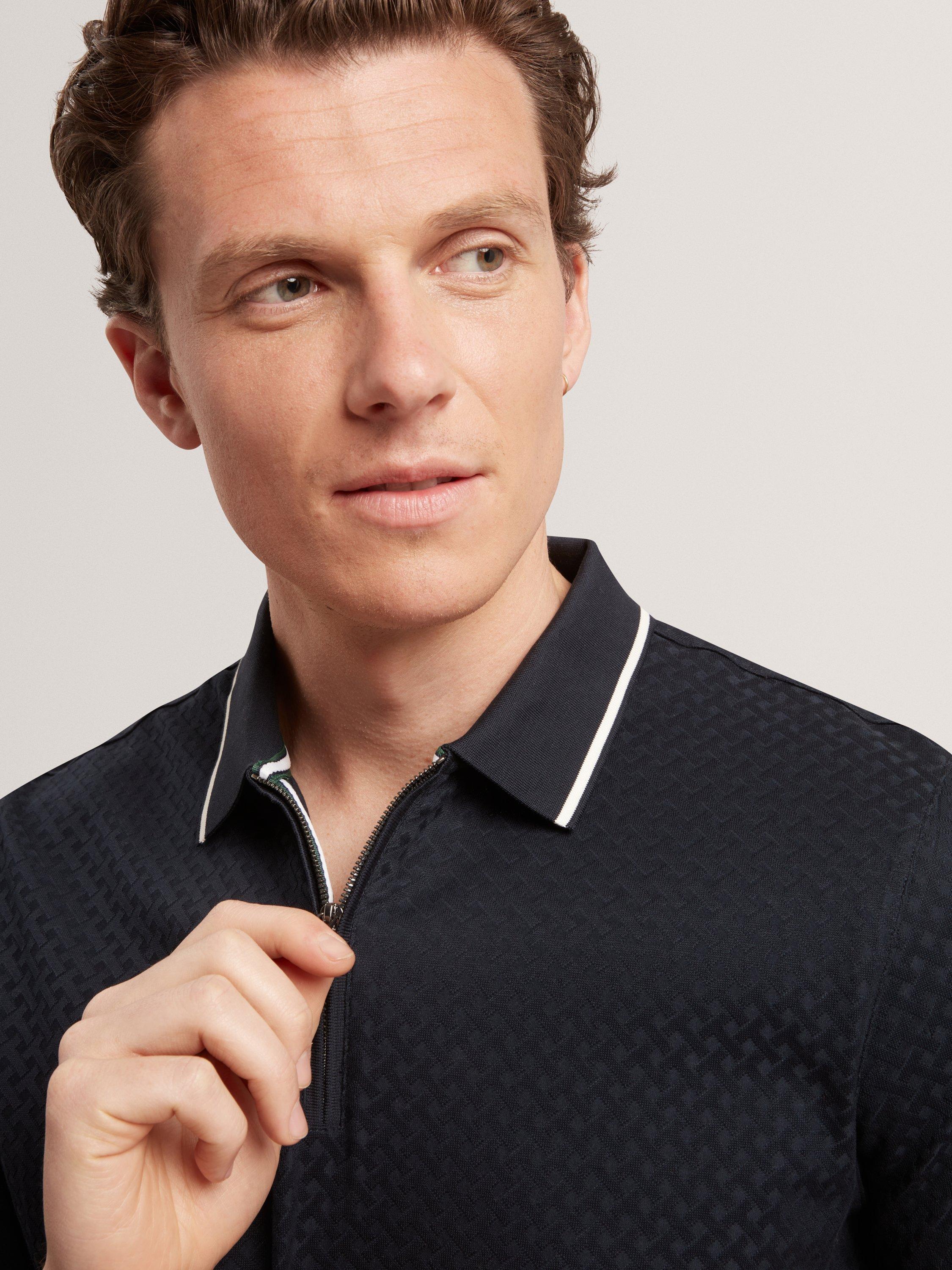 Product image 3 of 8, which shows Ted Baker Cophen Zip Neck Textured Polo Shirt, Navy, M