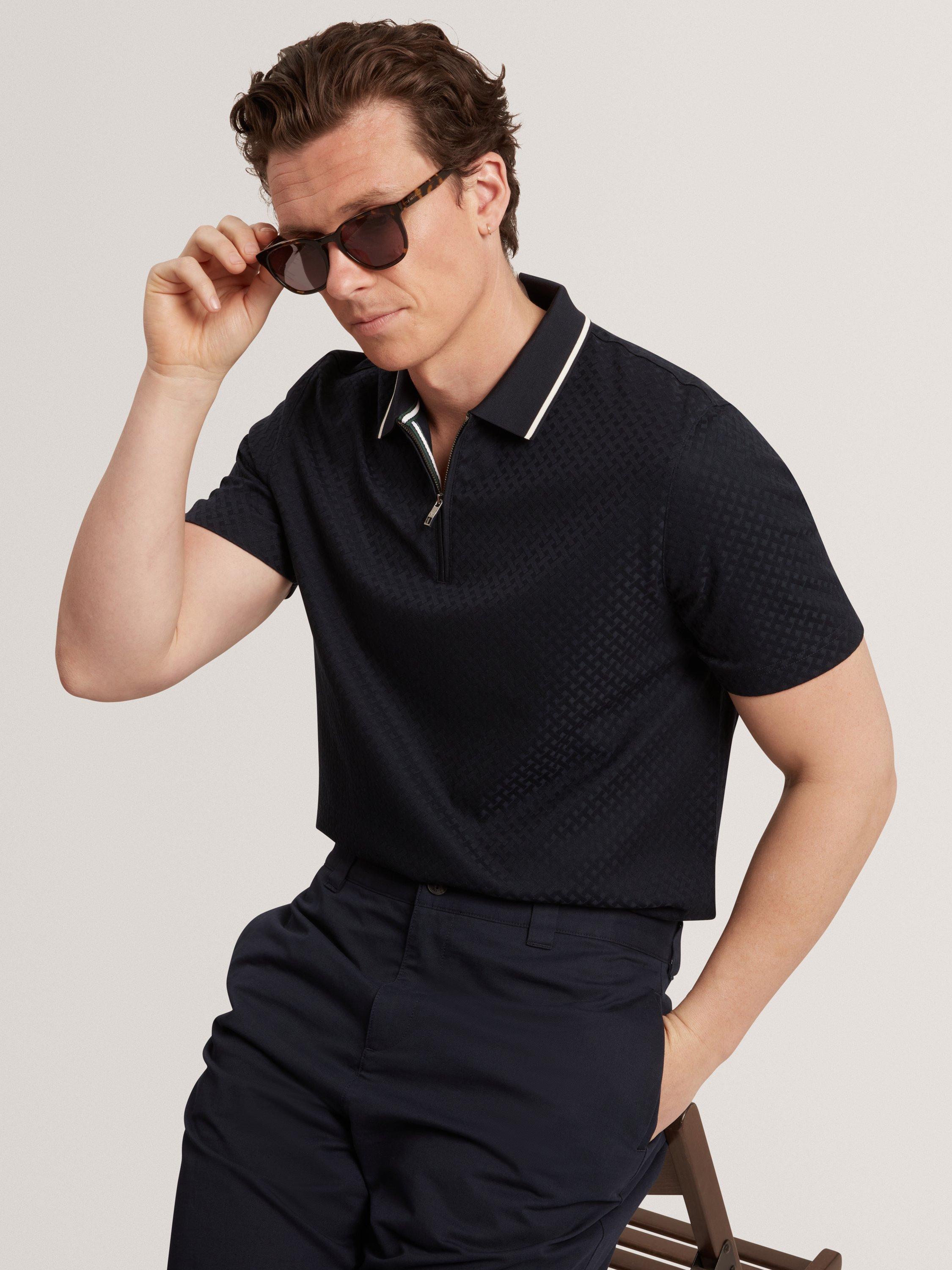 Product image 4 of 8, which shows Ted Baker Cophen Zip Neck Textured Polo Shirt, Navy, M