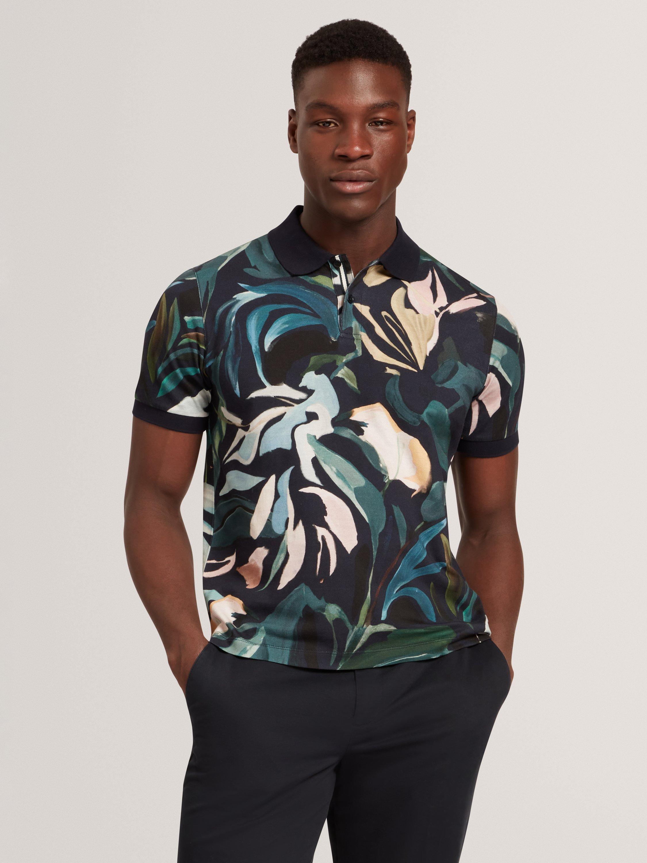 Product image 1 of 6, which shows Ted Baker Kivem Cotton Regular Fit Floral Print Polo Shirt, Black, S