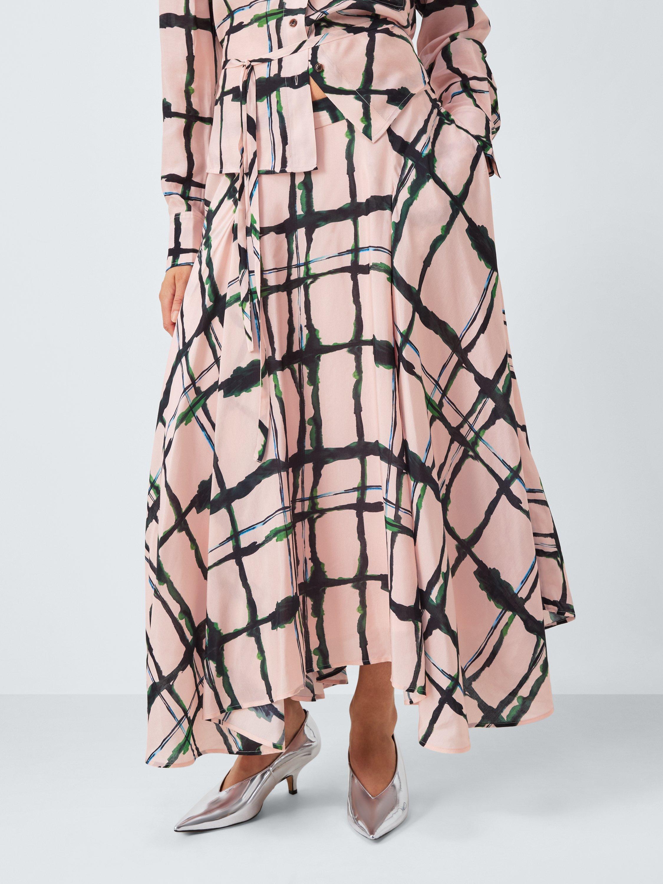 Product image 1 of 6, which shows John Lewis Painted Check Maxi Skirt, Pink/Multi, 10