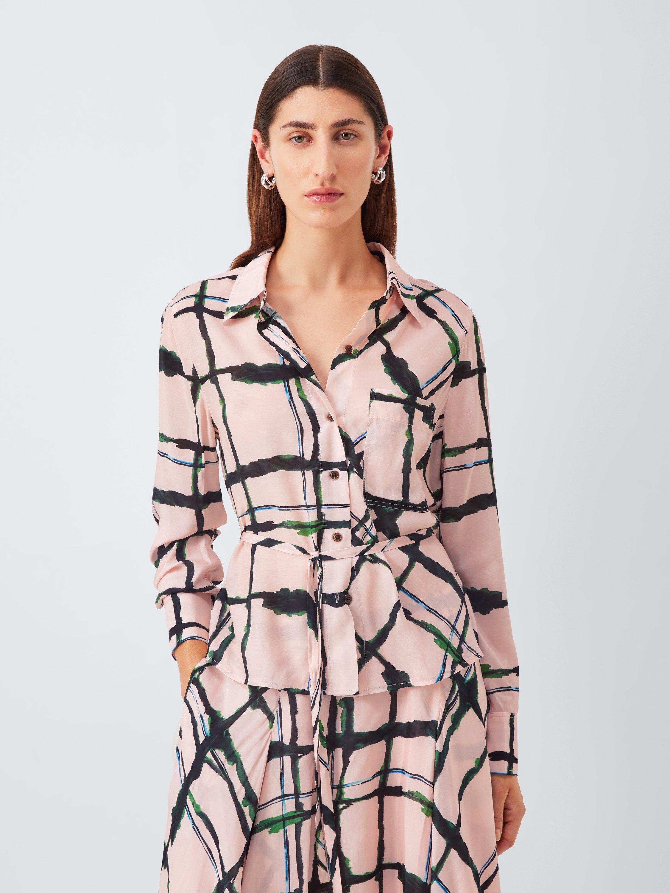 Product image 1 of 6, which shows John Lewis Painted Check Belted Blouse, Pink/Multi, 10