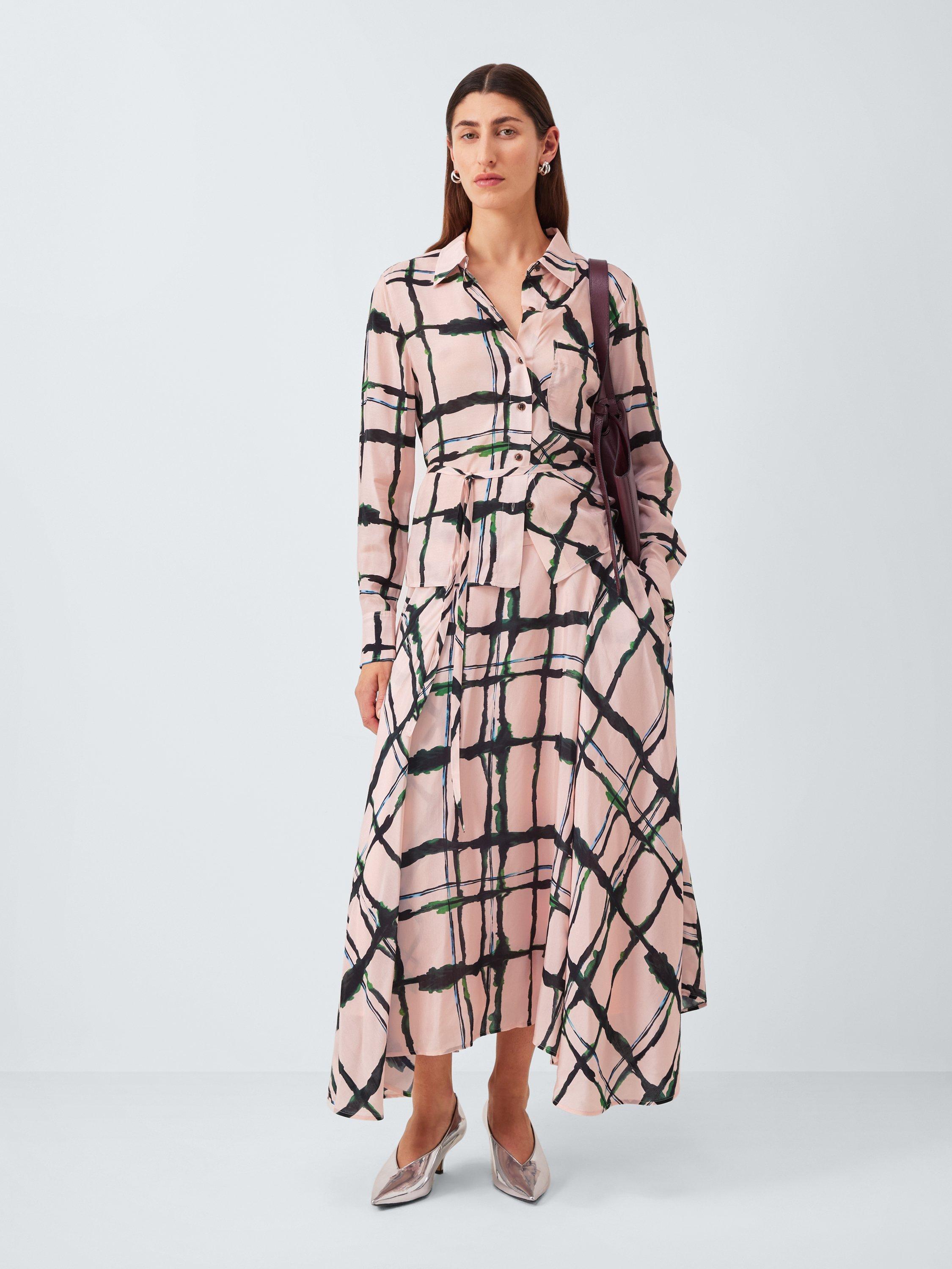 Product image 3 of 6, which shows John Lewis Painted Check Belted Blouse, Pink/Multi, 10