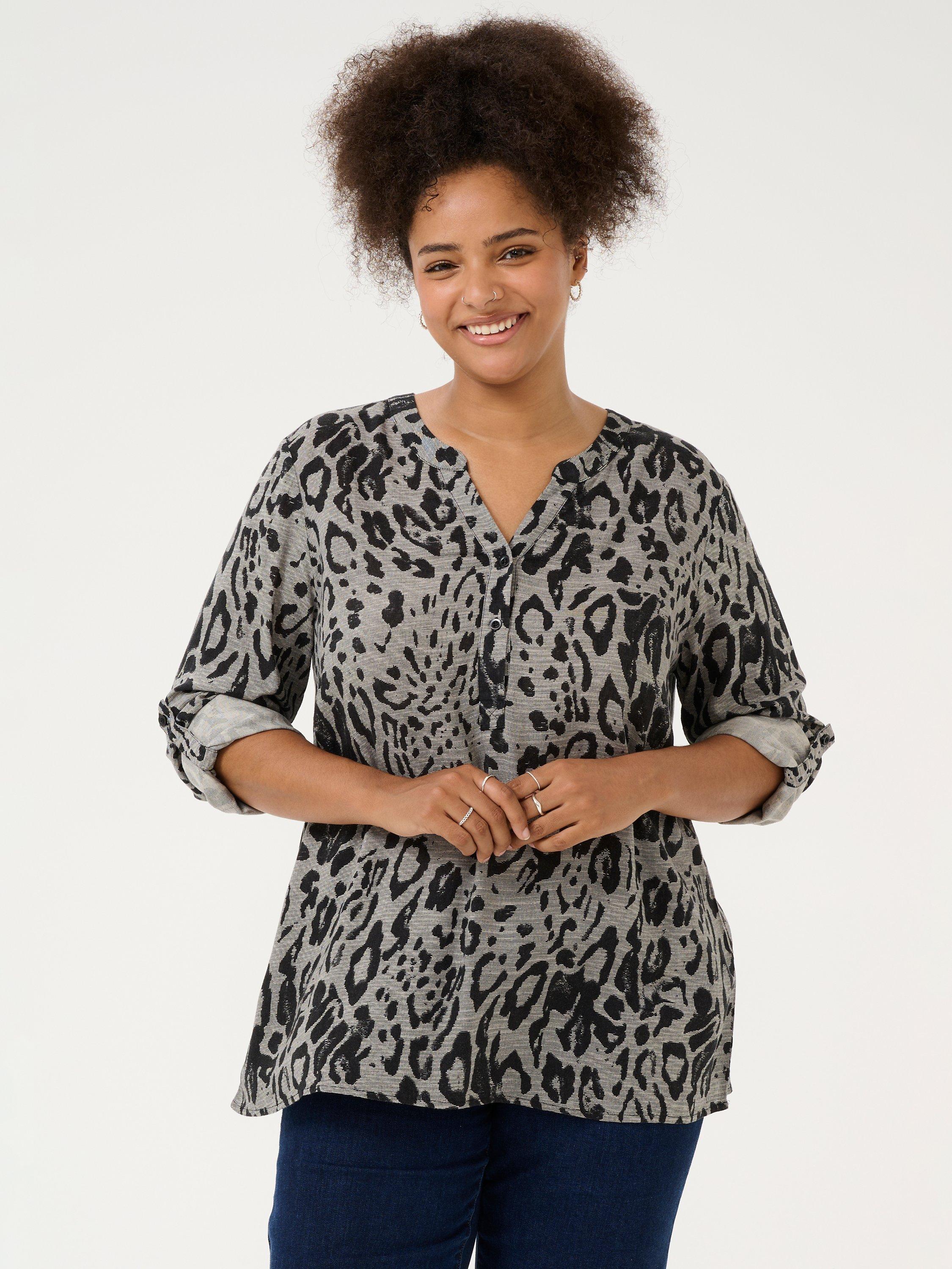 Product image 1 of 6, which shows KAFFE Curve Mille Animal Print Long Sleeve Top, Grey/Black, 20