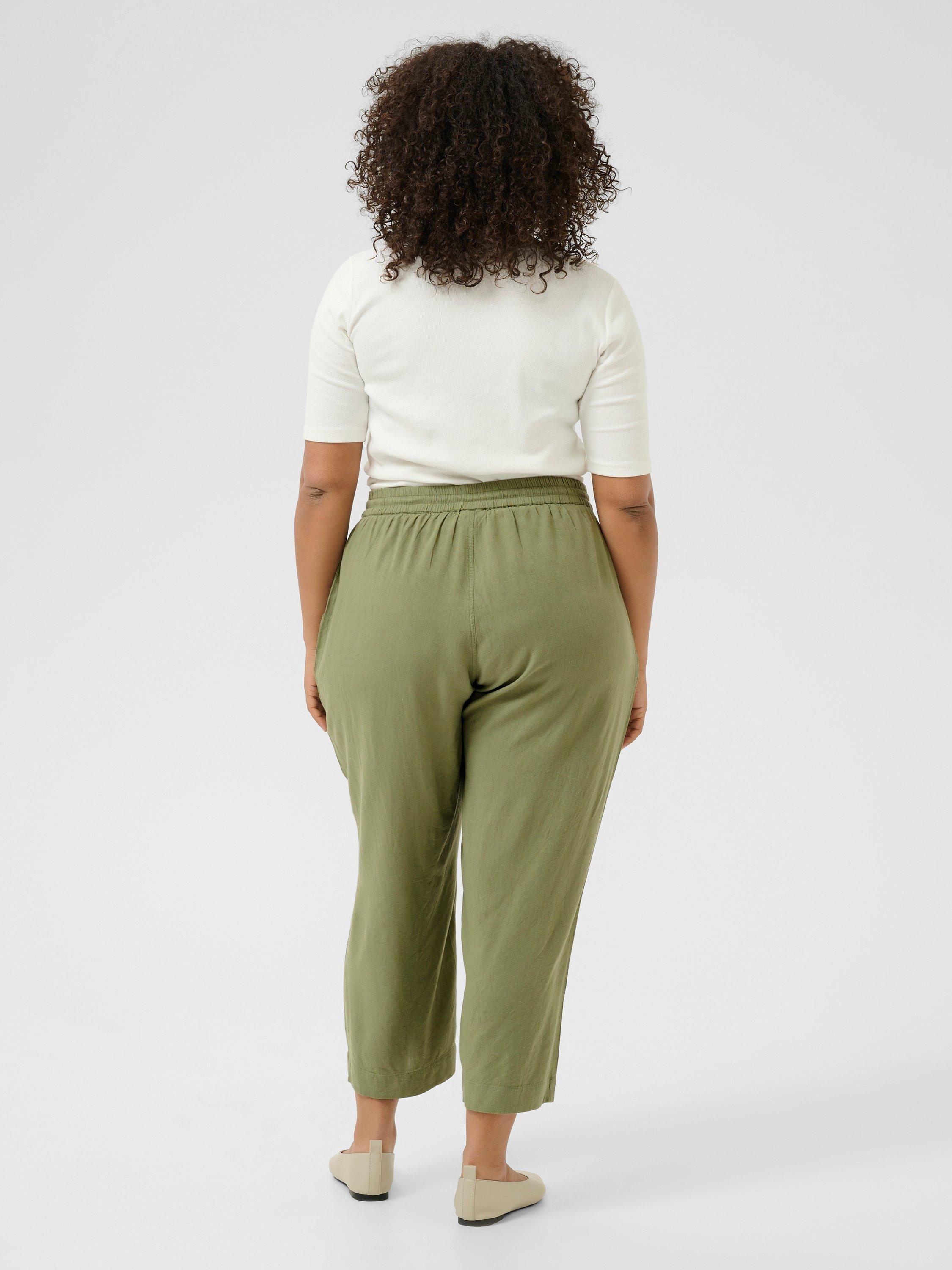 Product image 2 of 6, which shows KAFFE Curve Mille Cropped Wide Leg Trousers, Oil Green, 18