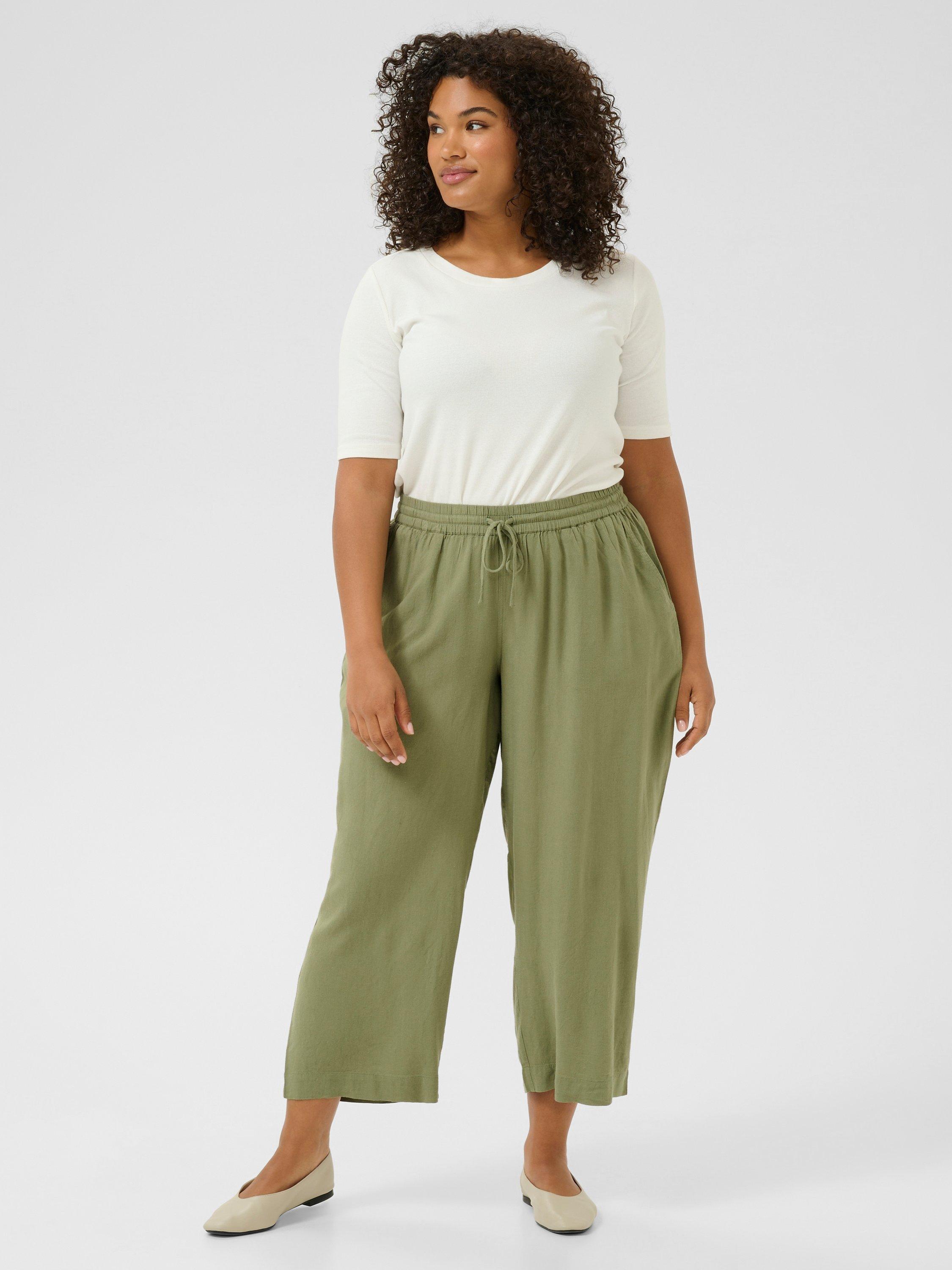 Product image 3 of 6, which shows KAFFE Curve Mille Cropped Wide Leg Trousers, Oil Green, 18