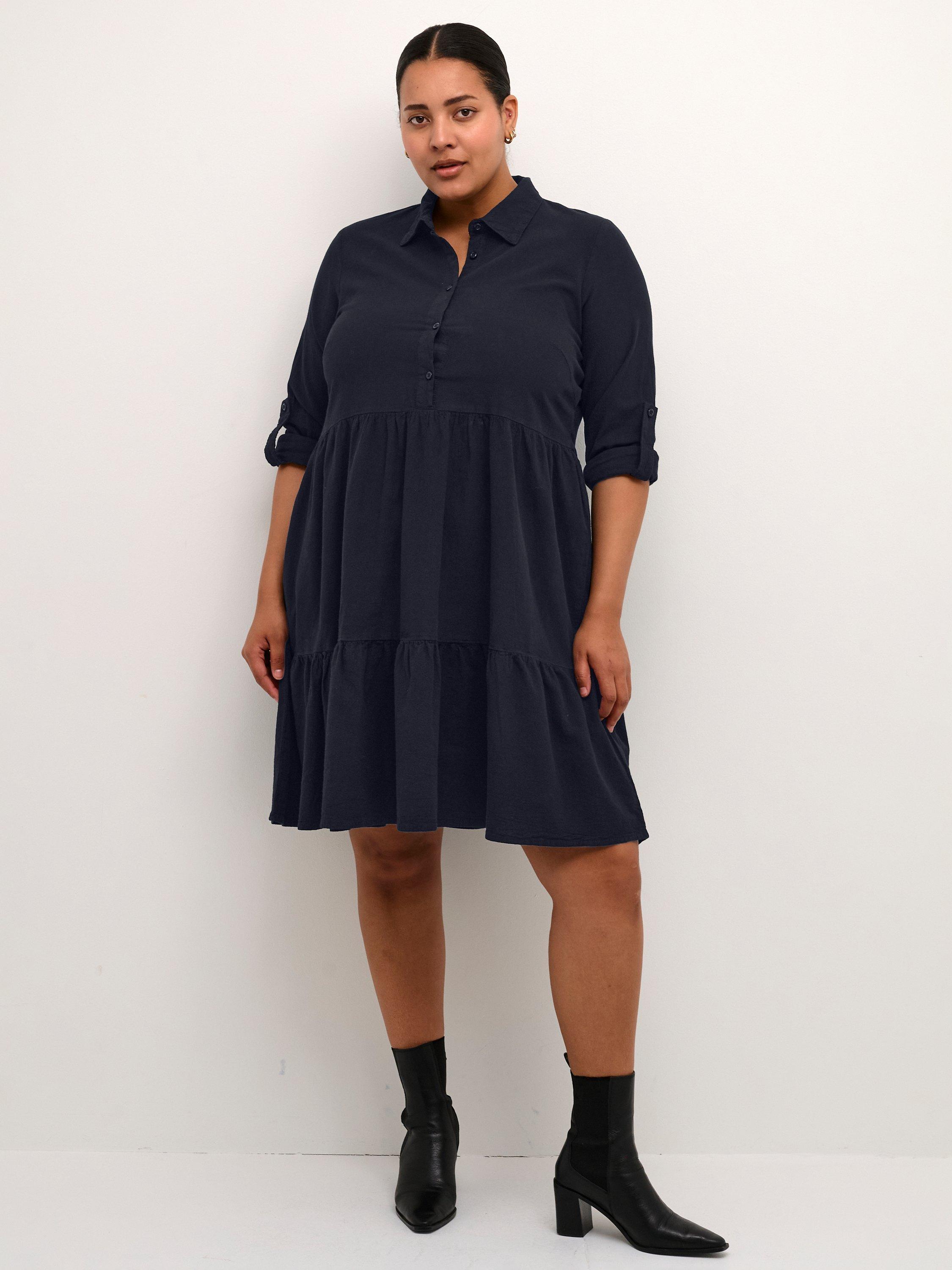Product image 1 of 6, which shows KAFFE Curve Nana Gathered A-Line Shirt Dress, Midnight Marine, 18
