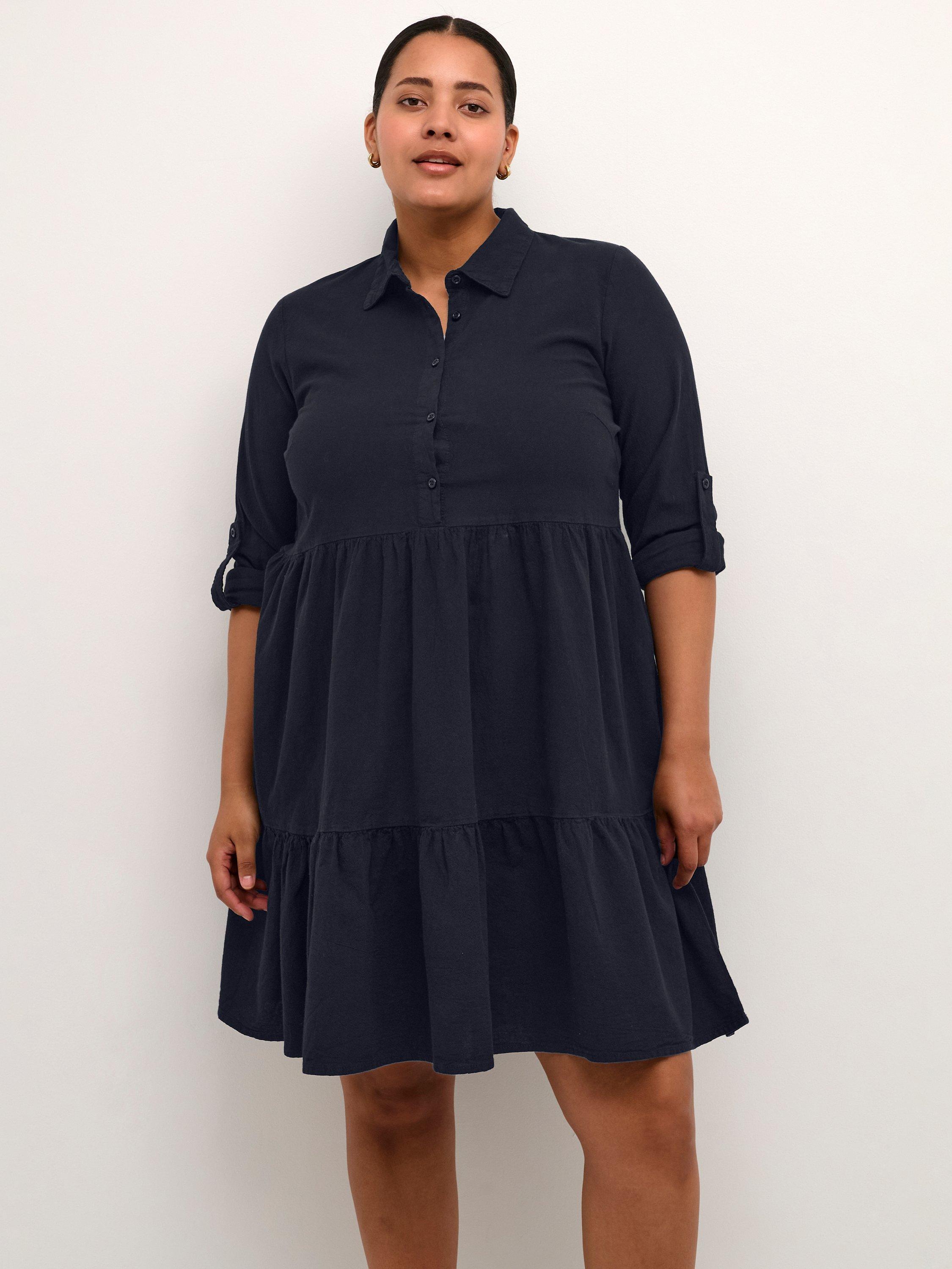 Product image 3 of 6, which shows KAFFE Curve Nana Gathered A-Line Shirt Dress, Midnight Marine, 18