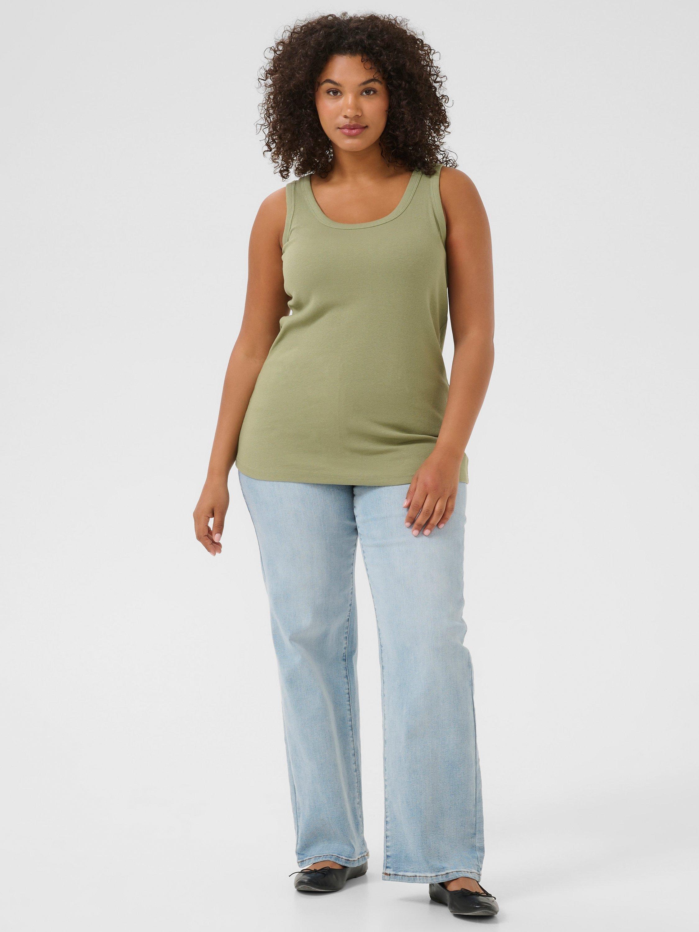 Product image 3 of 6, which shows KAFFE Curve Carina Scoop Neck Vest Top, Oil Green, S