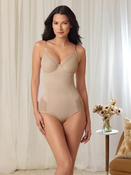 Miraclesuit Sexy Sheer Padded Cup Firm Tummy Control Bodysuit - view 2, Warm Beige