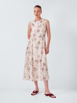 John Lewis Sleeveless Sheer Floral Print Midi Dress, Pink, Pink