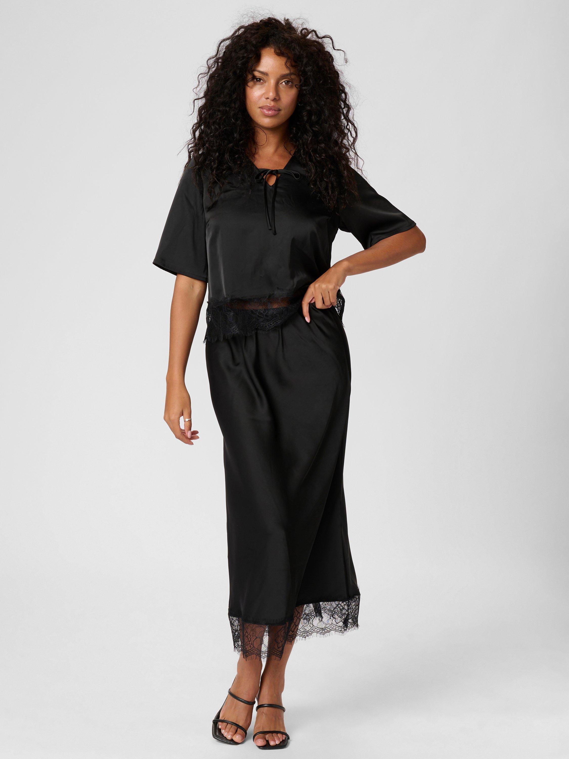 Product image 2 of 5, which shows KAFFE Hilda Lace Trim Midi Skirt, Black, 18