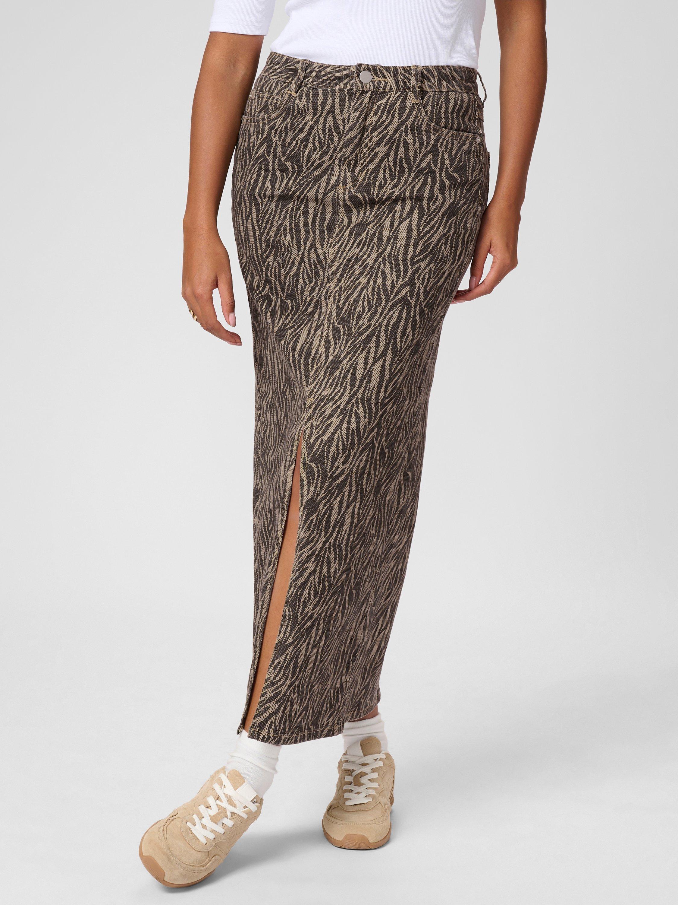 Product image 1 of 6, which shows KAFFE Leondra Denim Zebra Print Maxi Skirt, Beige/Multi, 18
