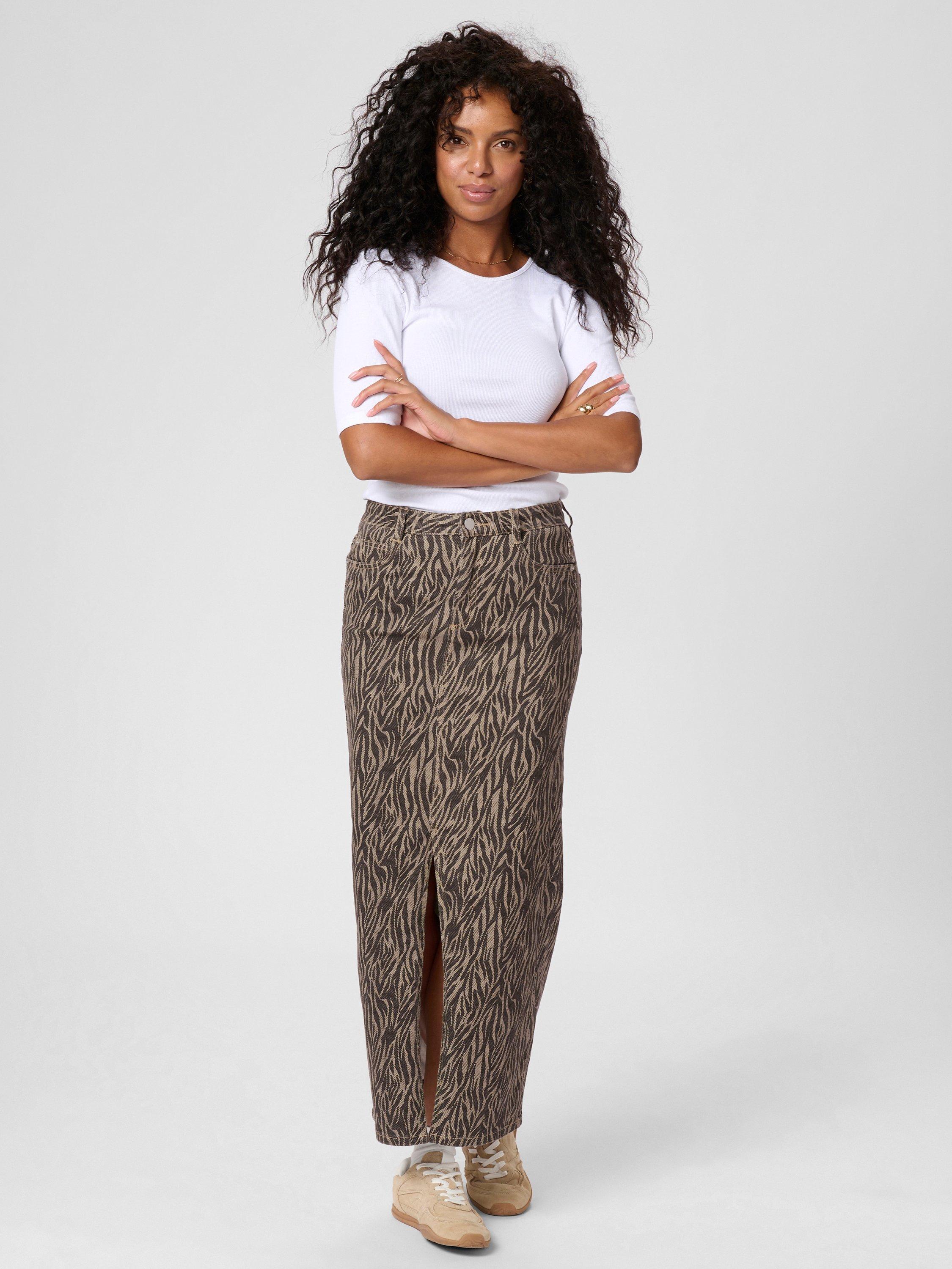 Product image 3 of 6, which shows KAFFE Leondra Denim Zebra Print Maxi Skirt, Beige/Multi, 18