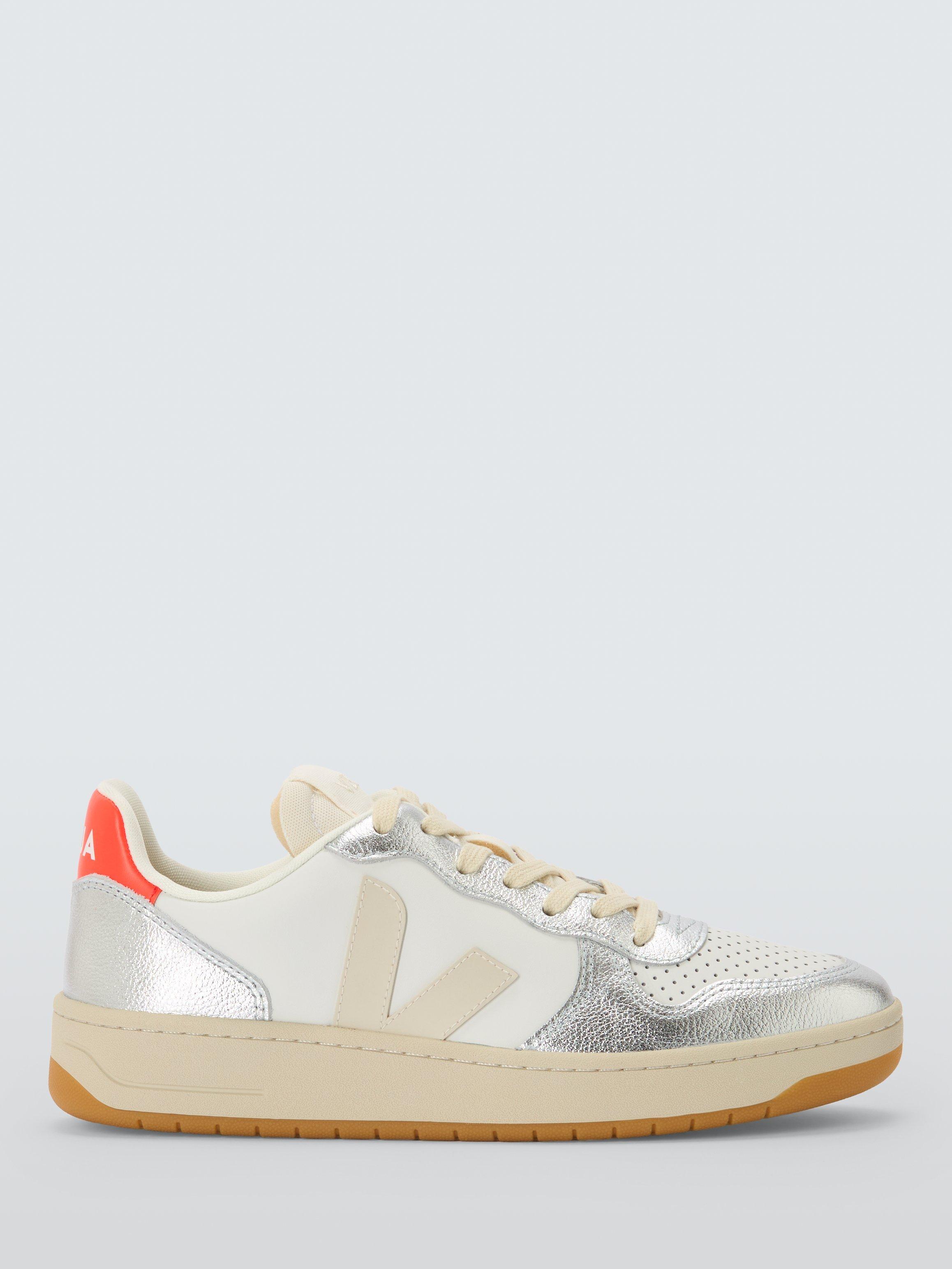 Product image 1 of 4, which shows VEJA V-10 Leather Trainers, White/Silver, 6