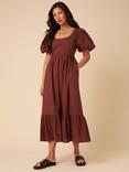 Nobody's Child Mimi Short Puff Sleeve Cotton Midi Dress, Brown