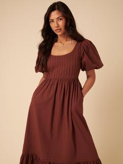 Nobody's Child Mimi Short Puff Sleeve Cotton Midi Dress, Brown - view 2, Brown