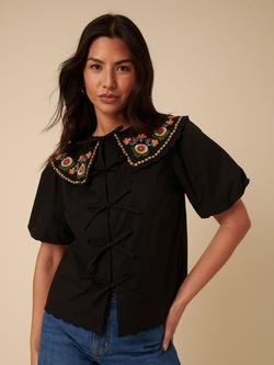 Nobody's Child Joplin Embroidered Floral Collar Top, Black, Black