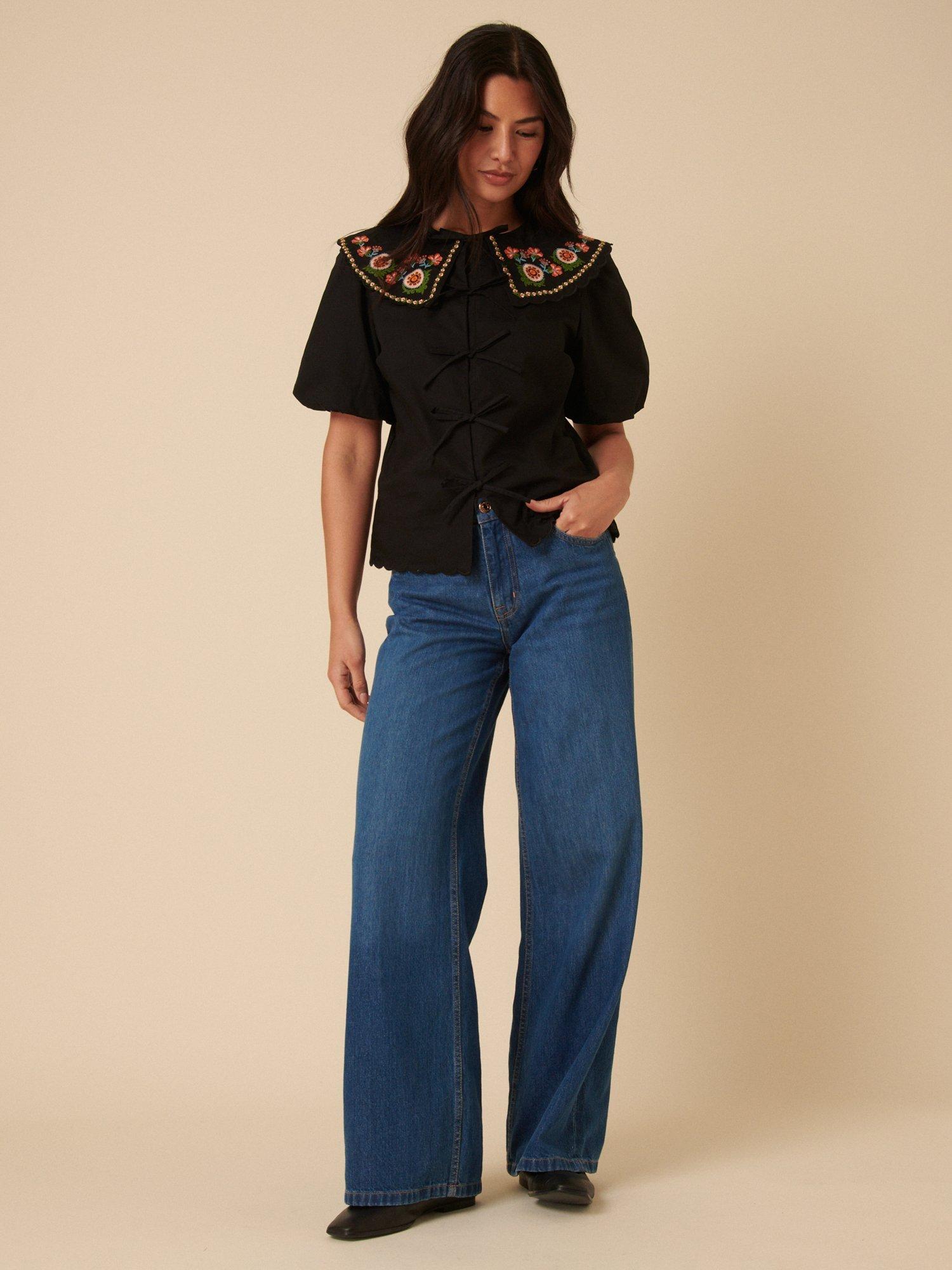 Product image 2 of 5, which shows Nobody's Child Joplin Embroidered Floral Collar Top, Black, 6