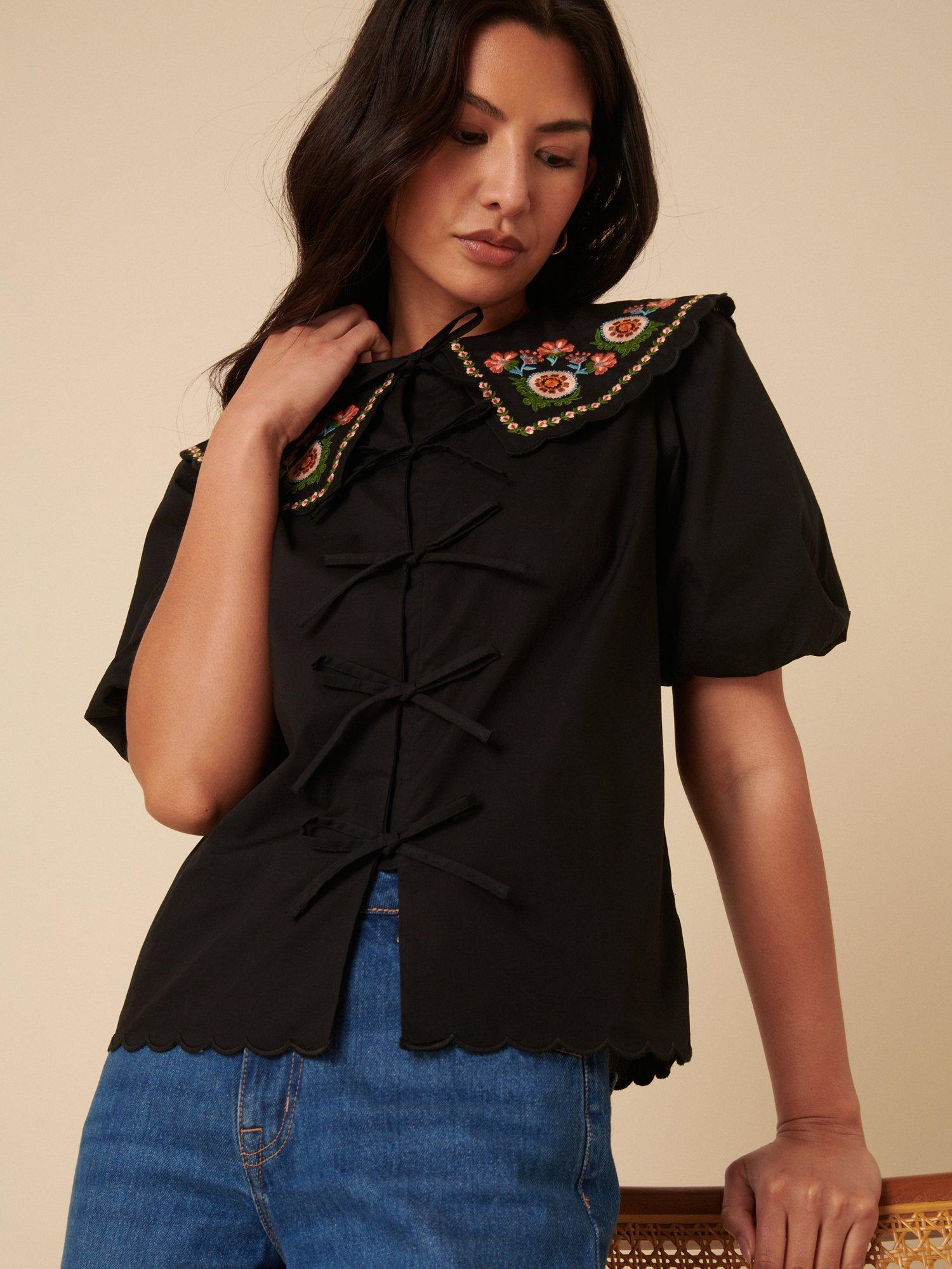 Product image 3 of 5, which shows Nobody's Child Joplin Embroidered Floral Collar Top, Black, 6