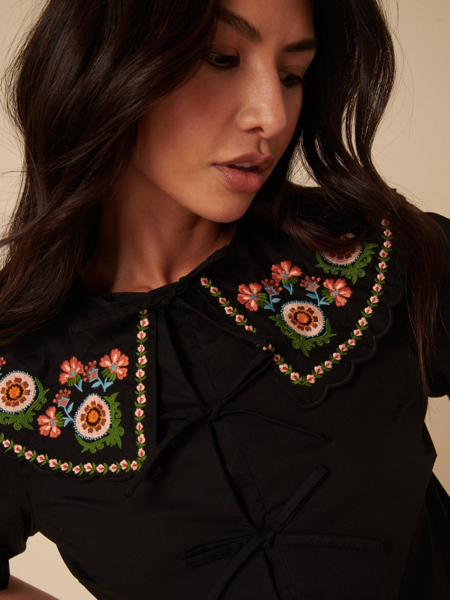 Product image 4 of 5, which shows Nobody's Child Joplin Embroidered Floral Collar Top, Black, 6