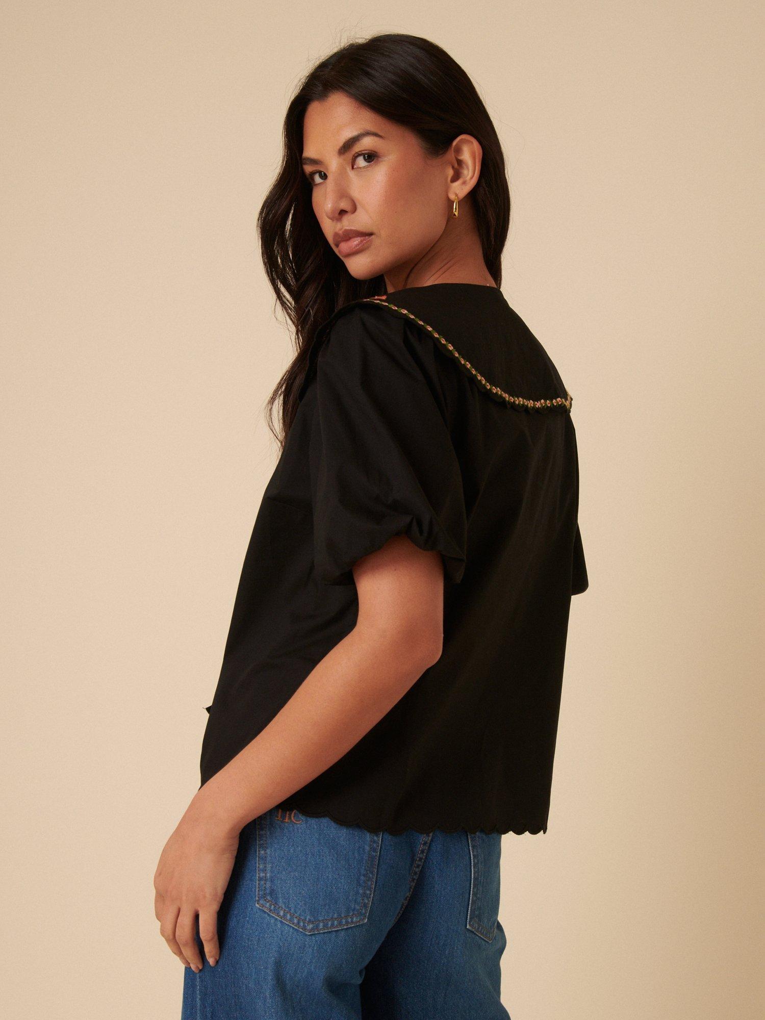 Product image 5 of 5, which shows Nobody's Child Joplin Embroidered Floral Collar Top, Black, 6
