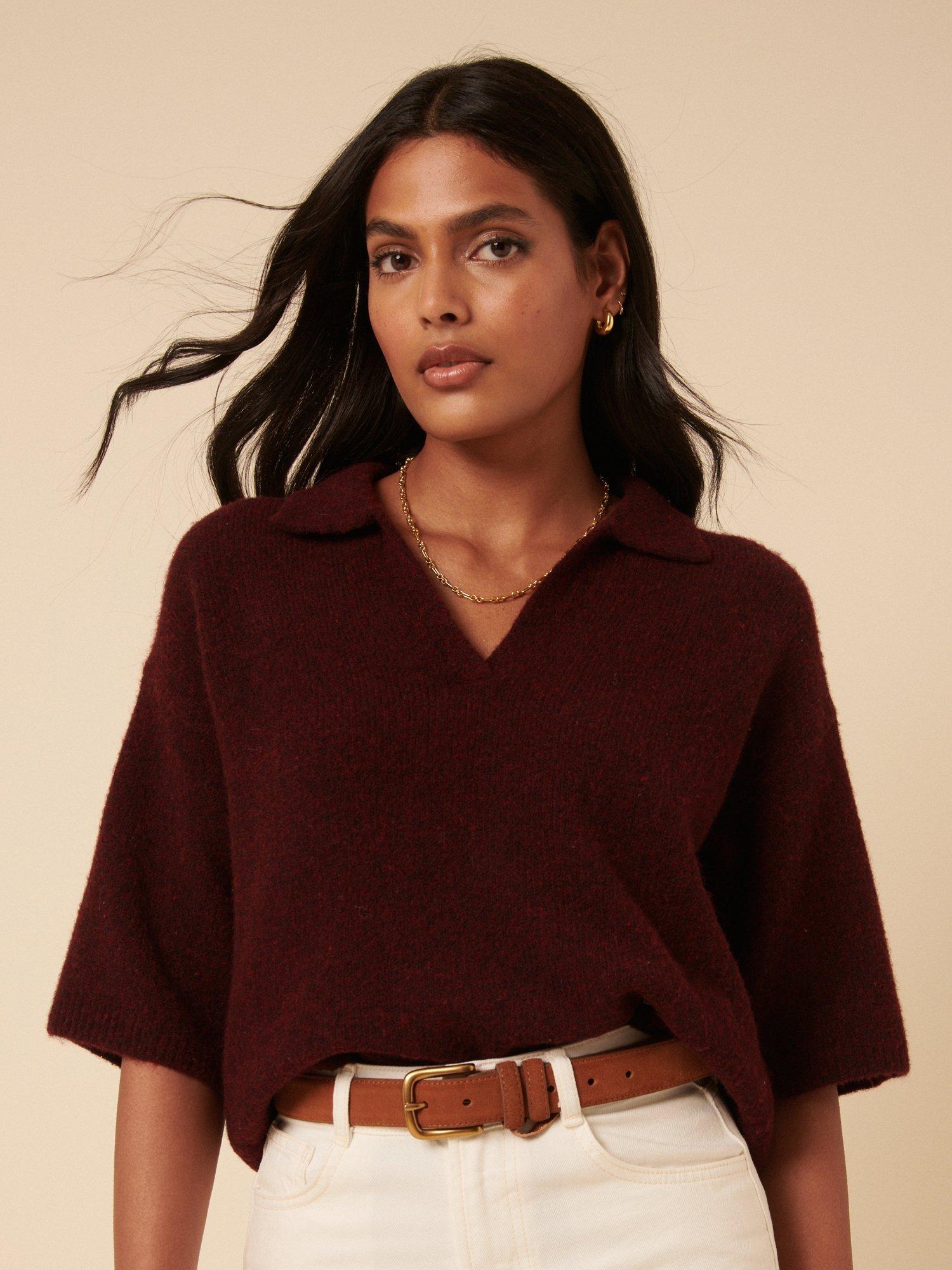 Product image 1 of 5, which shows Nobody's Child Short Sleeve Open Polo Collar Knit Top, Burgundy, XS