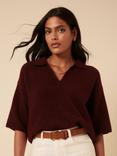 Nobody's Child Short Sleeve Open Polo Collar Knit Top, Burgundy