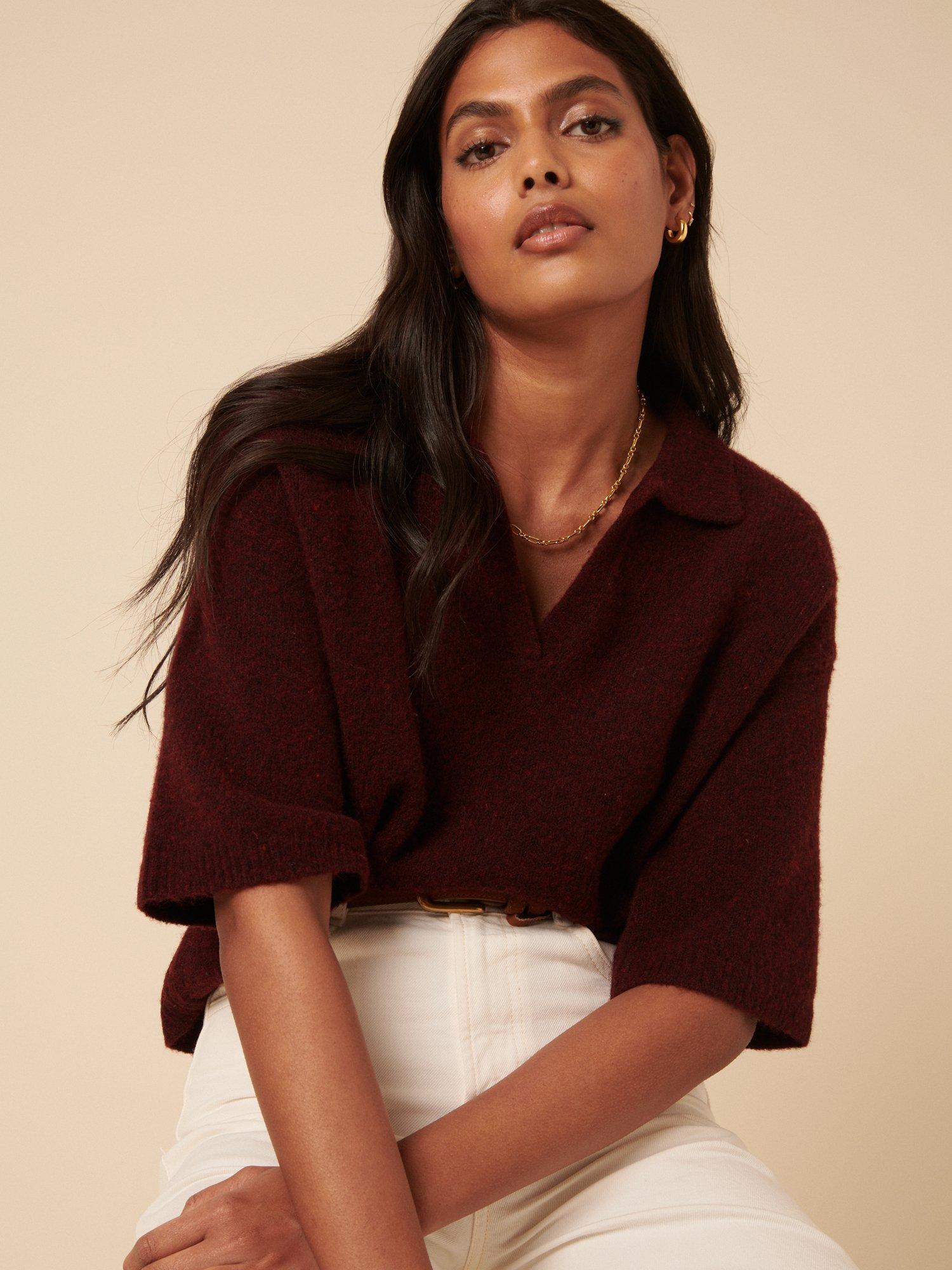 Product image 3 of 5, which shows Nobody's Child Short Sleeve Open Polo Collar Knit Top, Burgundy, XS