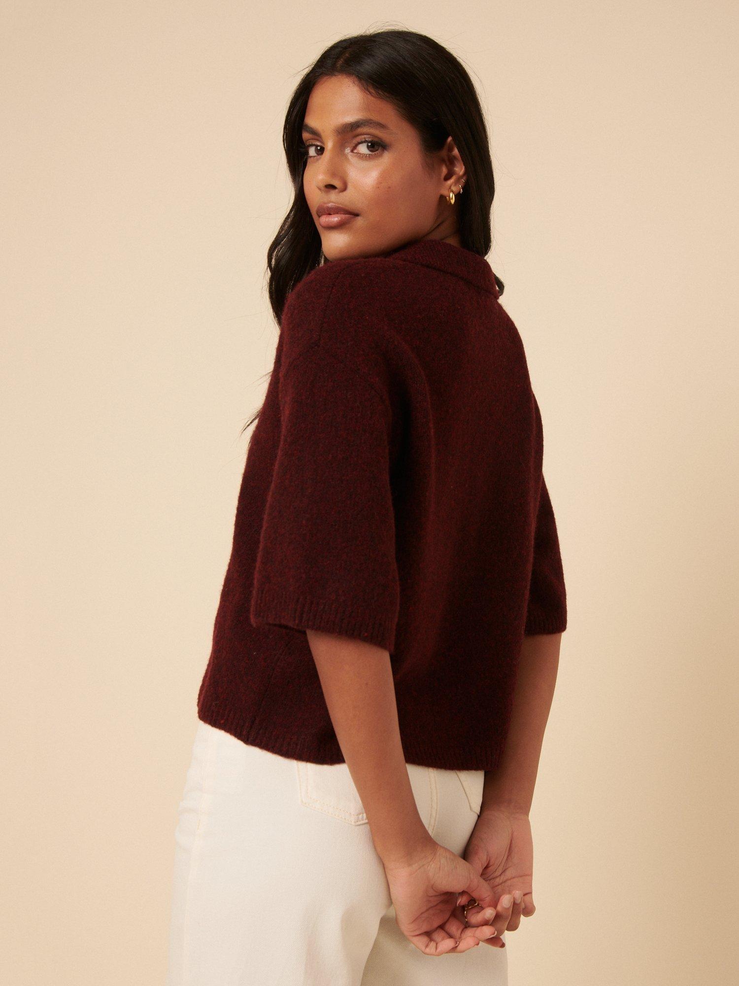 Product image 5 of 5, which shows Nobody's Child Short Sleeve Open Polo Collar Knit Top, Burgundy, XS
