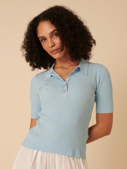Nobody's Child Short Sleeve Polo Collar Rib Knit Top, Light Blue, Light Blue