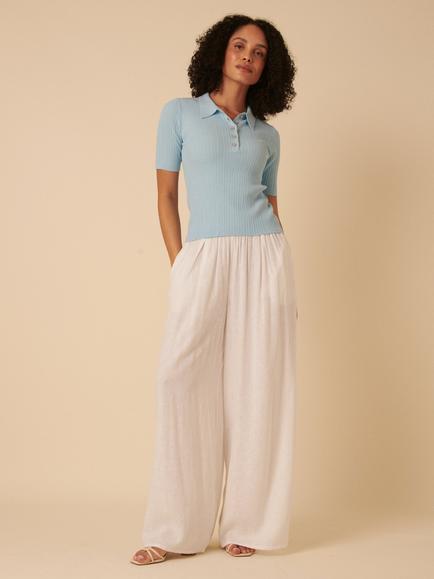 Nobody's Child Short Sleeve Polo Collar Rib Knit Top, Light Blue - view 2, Light Blue