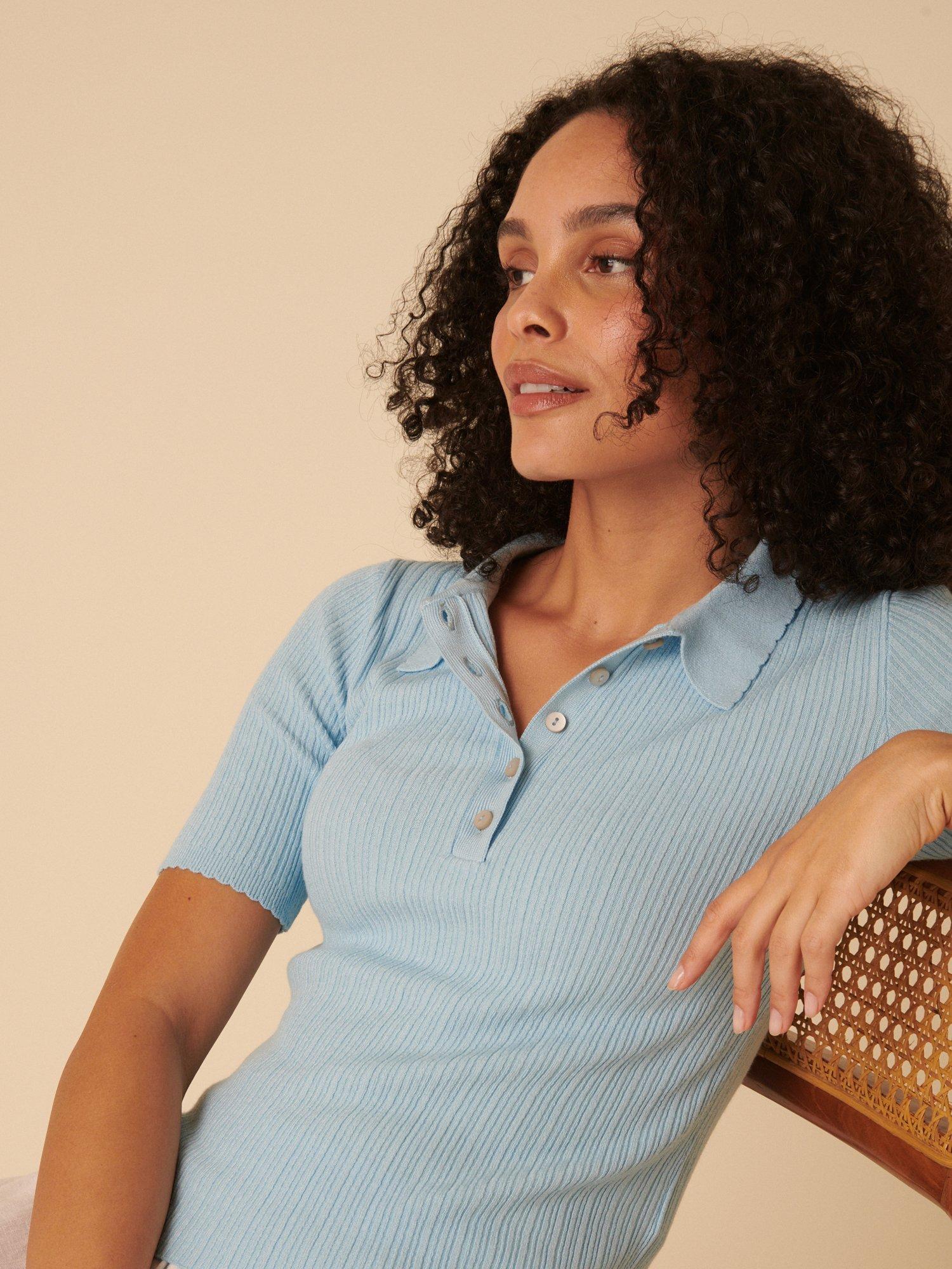 Product image 3 of 5, which shows Nobody's Child Short Sleeve Polo Collar Rib Knit Top, Light Blue, XS