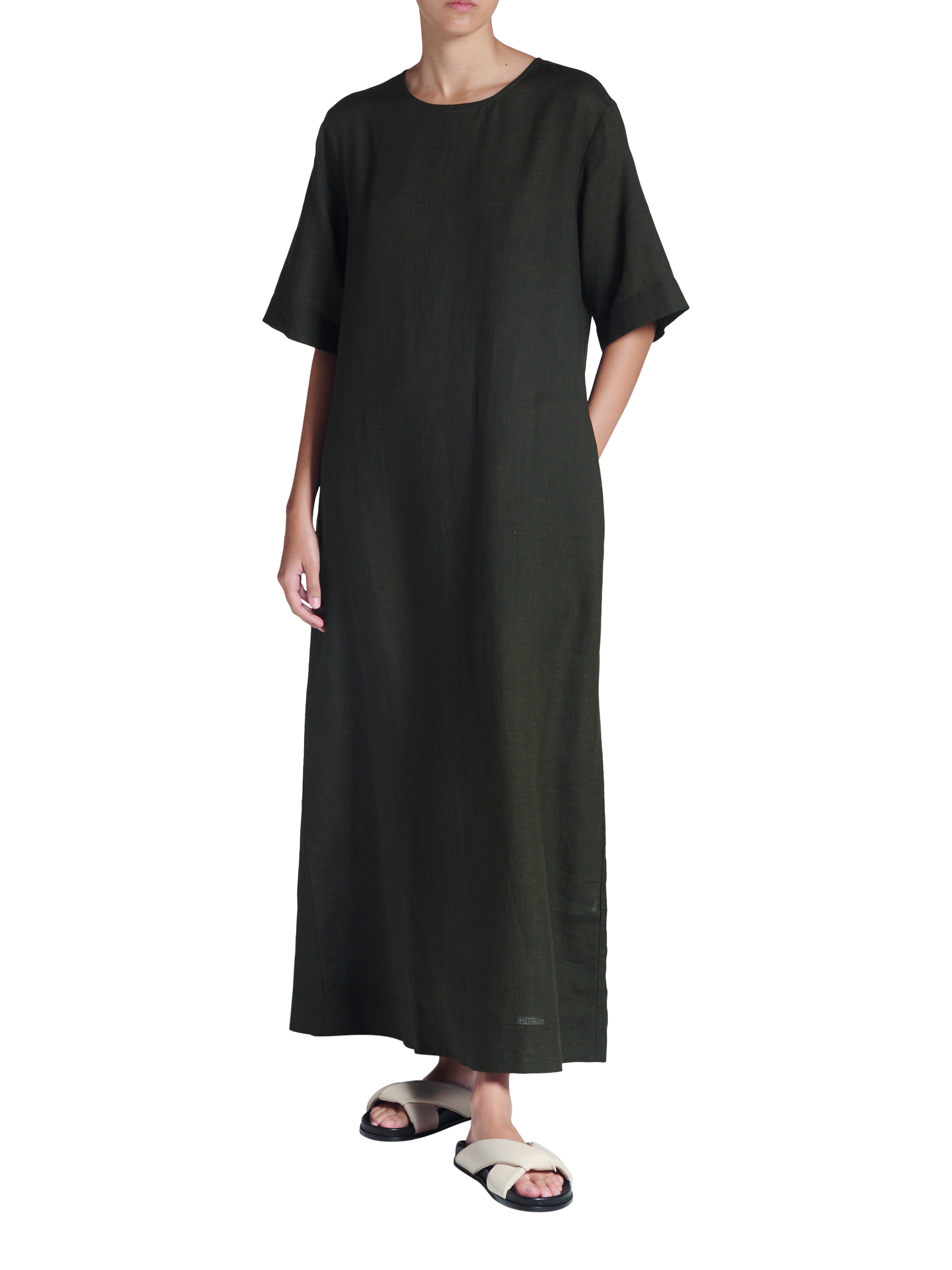 Product image 1 of 6, which shows ASCENO Mina Linen Maxi Dress, Dark Green, XS