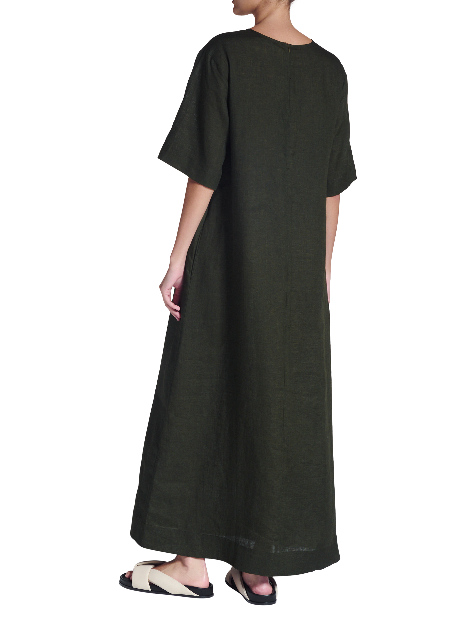Product image 3 of 6, which shows ASCENO Mina Linen Maxi Dress, Dark Green, XS