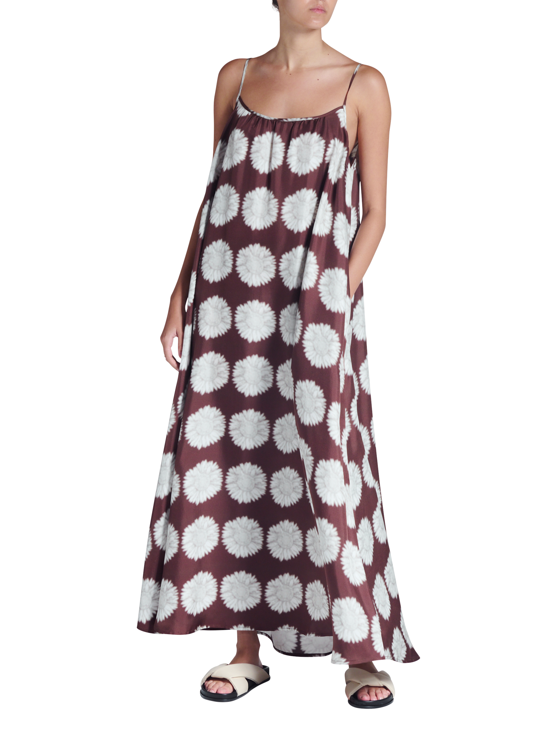 Product image 1 of 5, which shows ASCENO Napoli Sleeveless Sunflower Print Silk Maxi Dress, Brown/White, XS