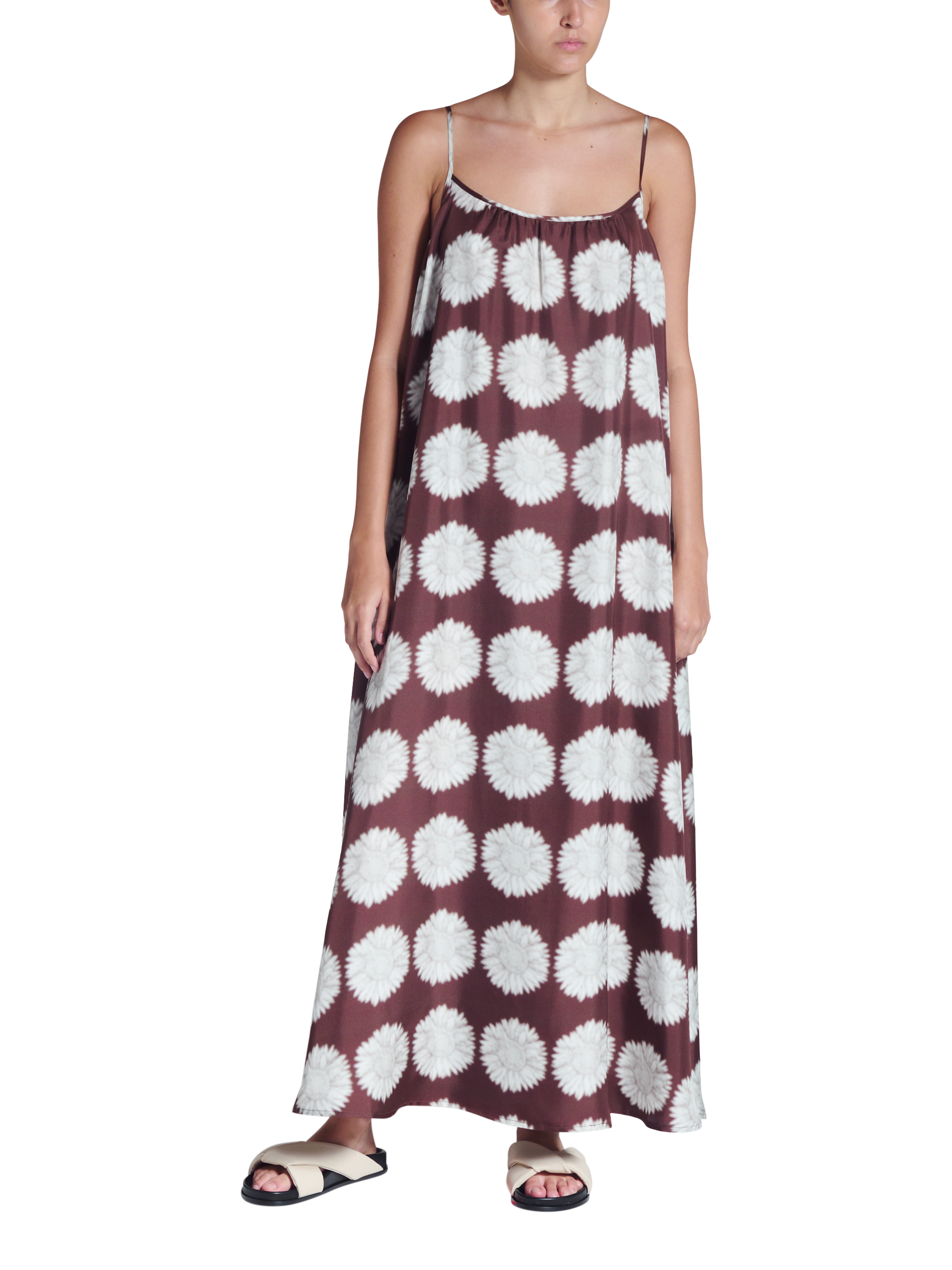 Product image 3 of 5, which shows ASCENO Napoli Sleeveless Sunflower Print Silk Maxi Dress, Brown/White, XS