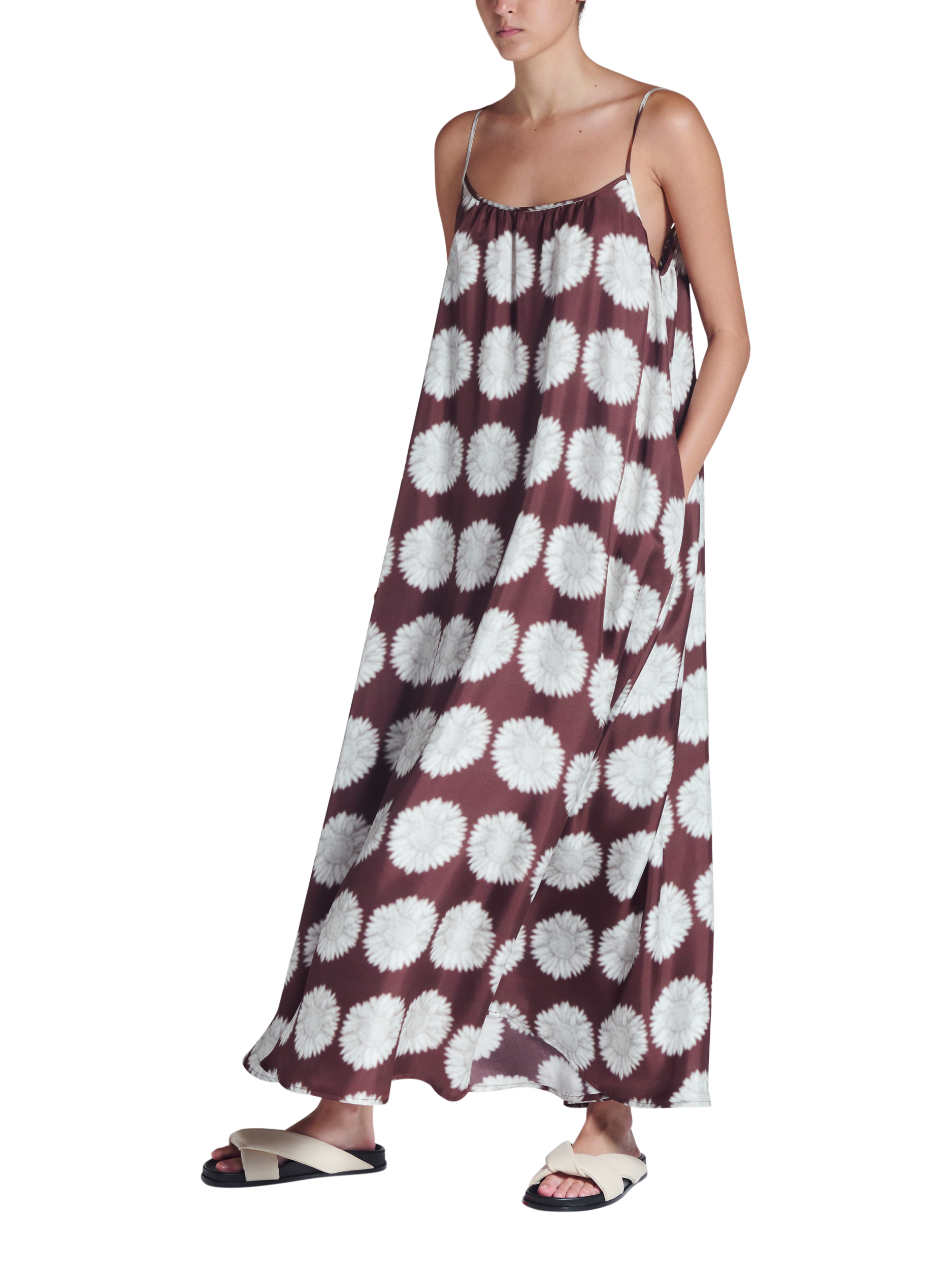 Product image 5 of 5, which shows ASCENO Napoli Sleeveless Sunflower Print Silk Maxi Dress, Brown/White, XS