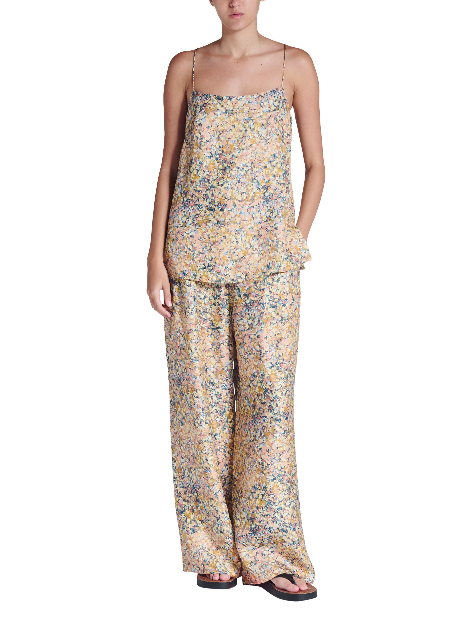 Product image 3 of 6, which shows ASCENO Isola Beachscape Print Silk Trousers, Multi, XS
