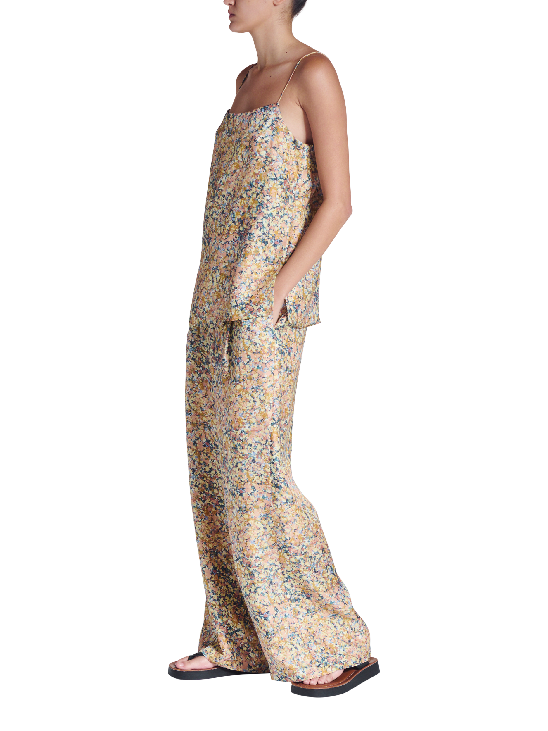 Product image 4 of 6, which shows ASCENO Isola Beachscape Print Silk Trousers, Multi, XS